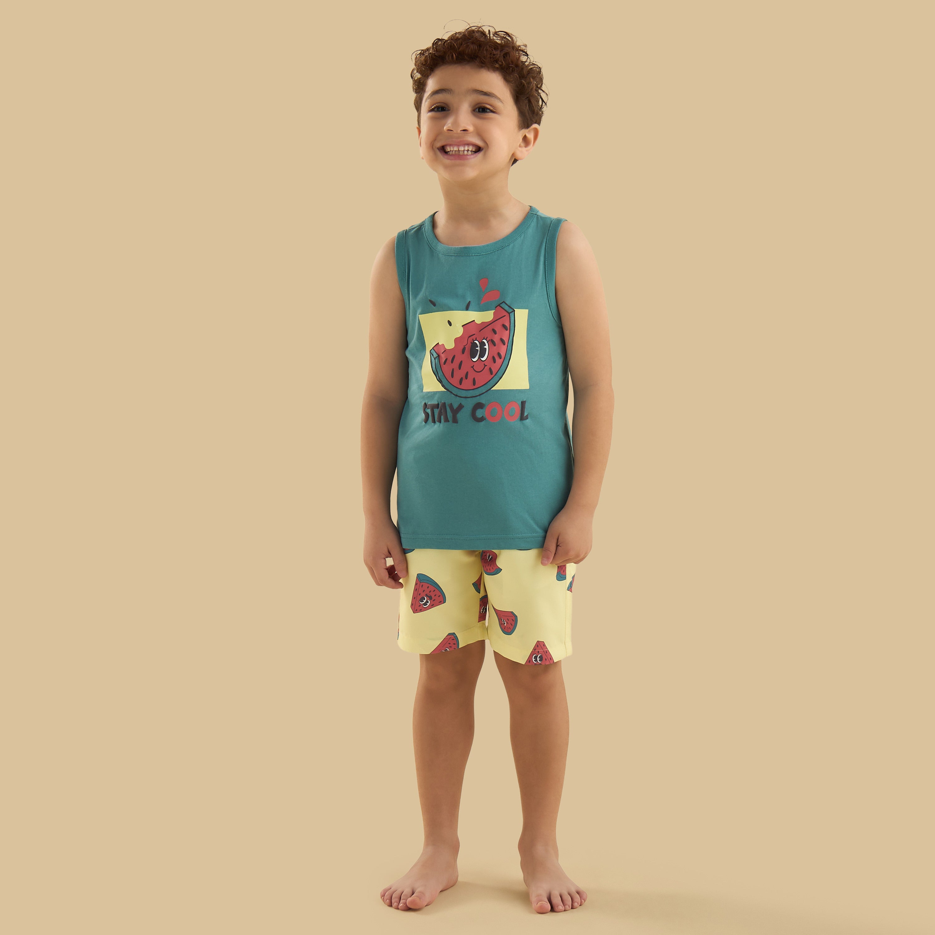 Watermelon Print Sleeveless Swim T-shirt and Shorts Set
