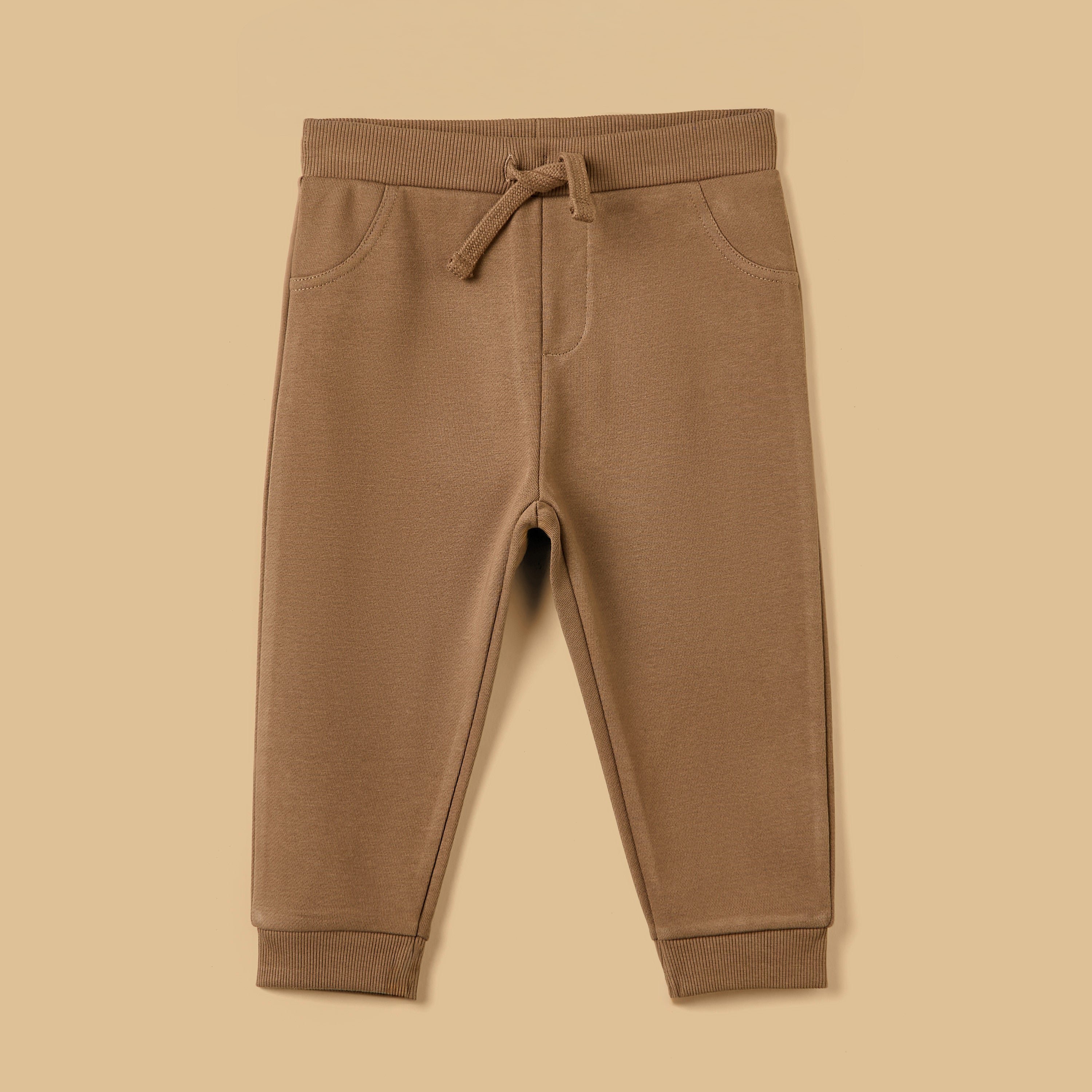 Mid-Rise Drawstring Closure Cotton Joggers - Brown