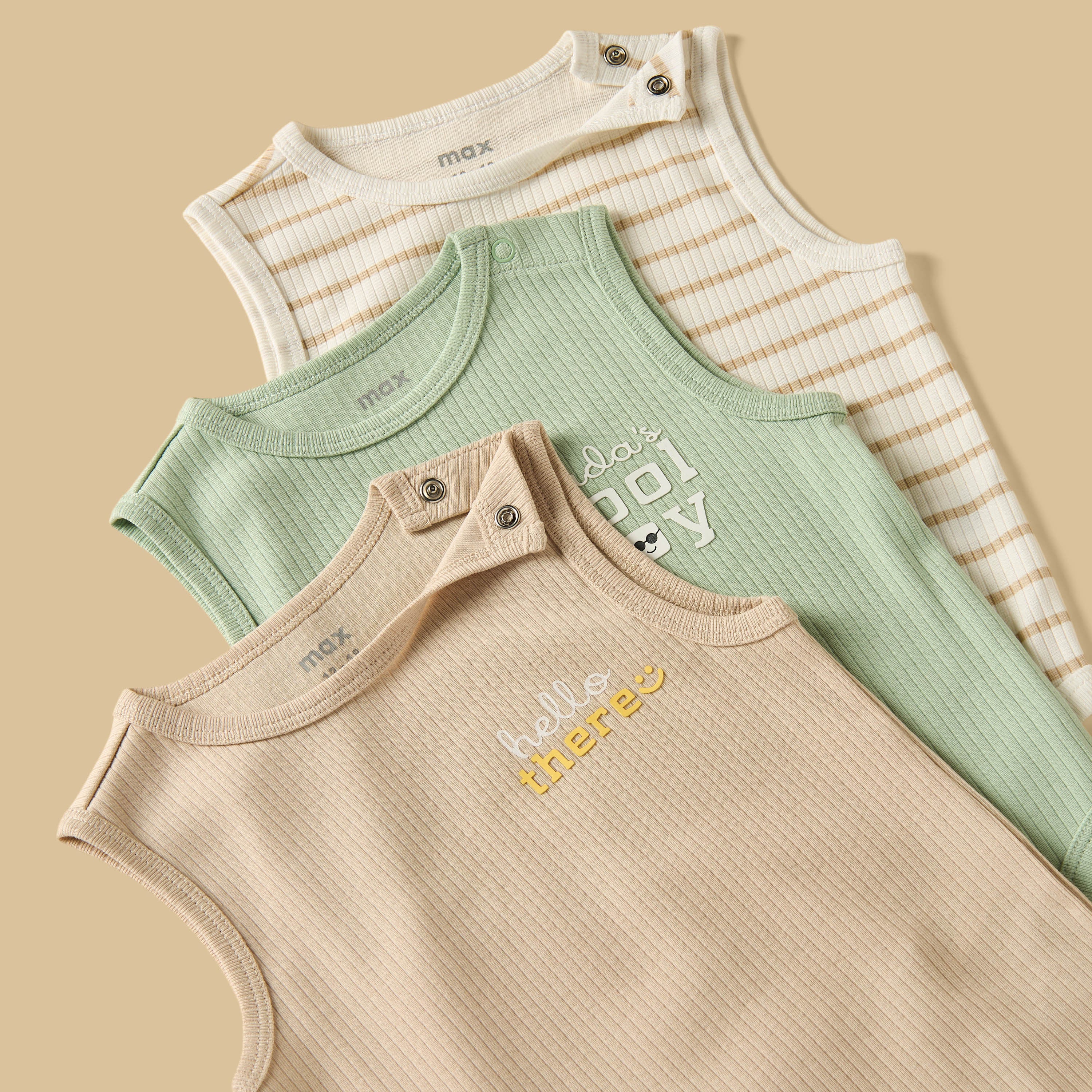 Pack of 3 - Printed Ribbed Sleeveless Cotton Bodysuit