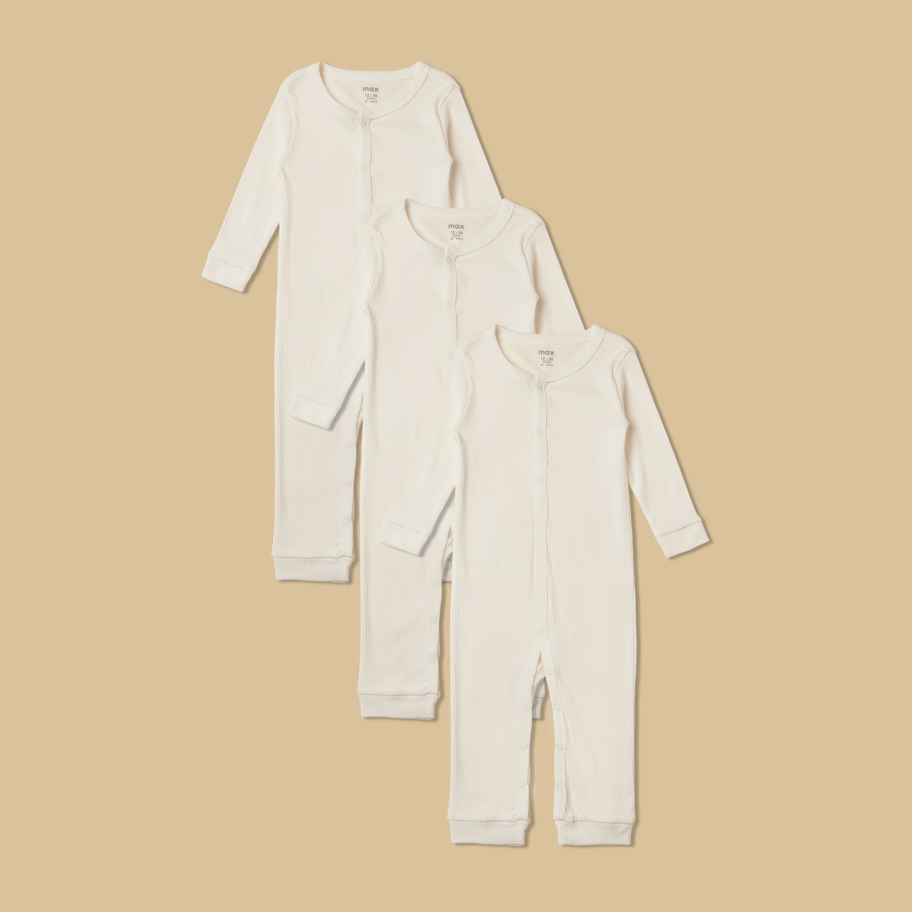 Pack of 3 - Ribbed Cotton Sleepsuit - White / 12-18 mths