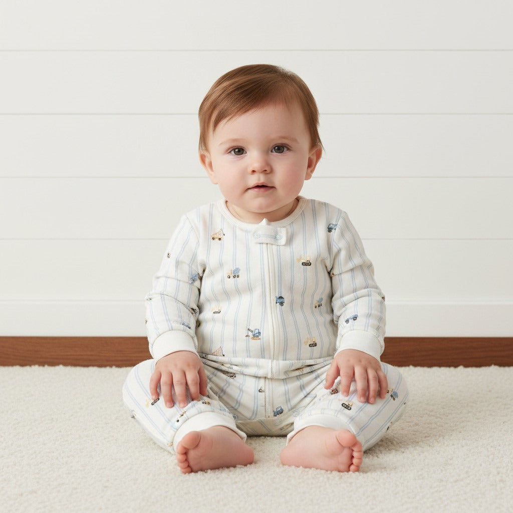 Construction Vehicle Print Sleepsuit - Cream / 12-18 mths