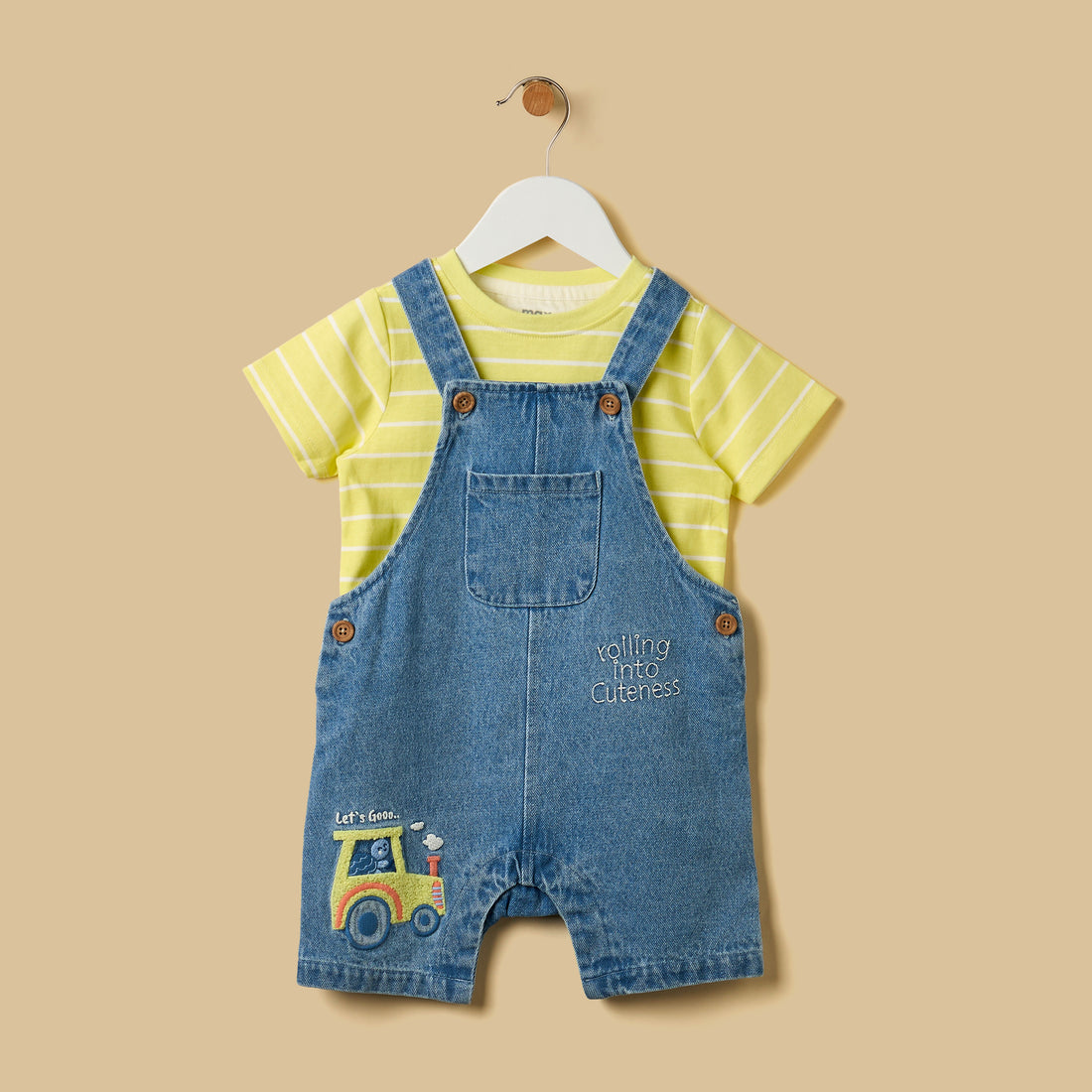 Striped T-shirt and Embroidered Dungaree Set