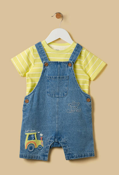 Striped T-shirt and Embroidered Dungaree Set-undefined-image-1