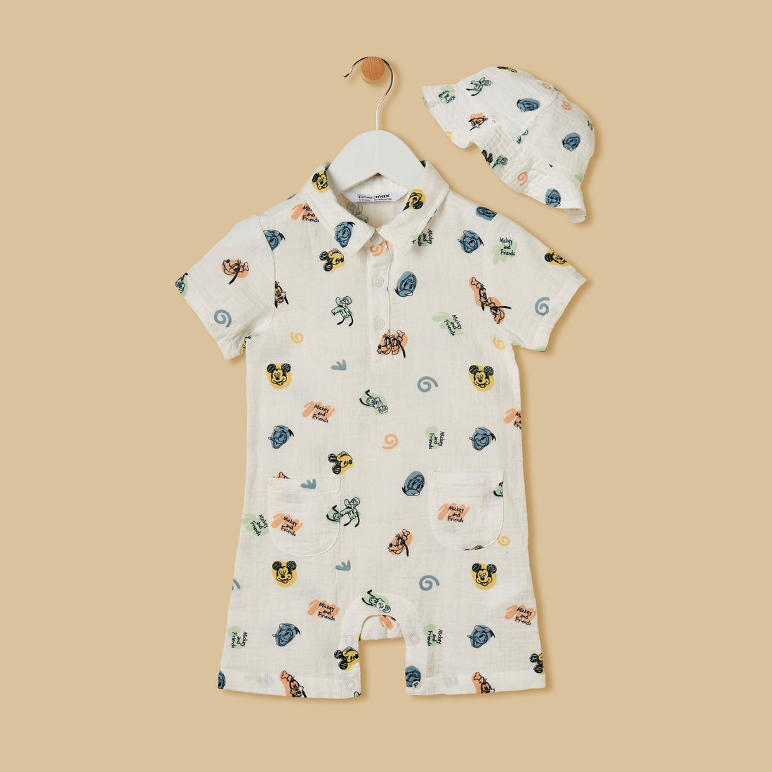 Mickey Mouse and Friends Print Cotton Romper and Cap