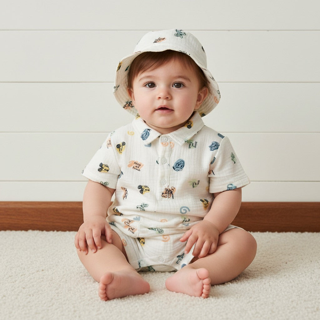 Mickey Mouse and Friends Print Cotton Romper and Cap
