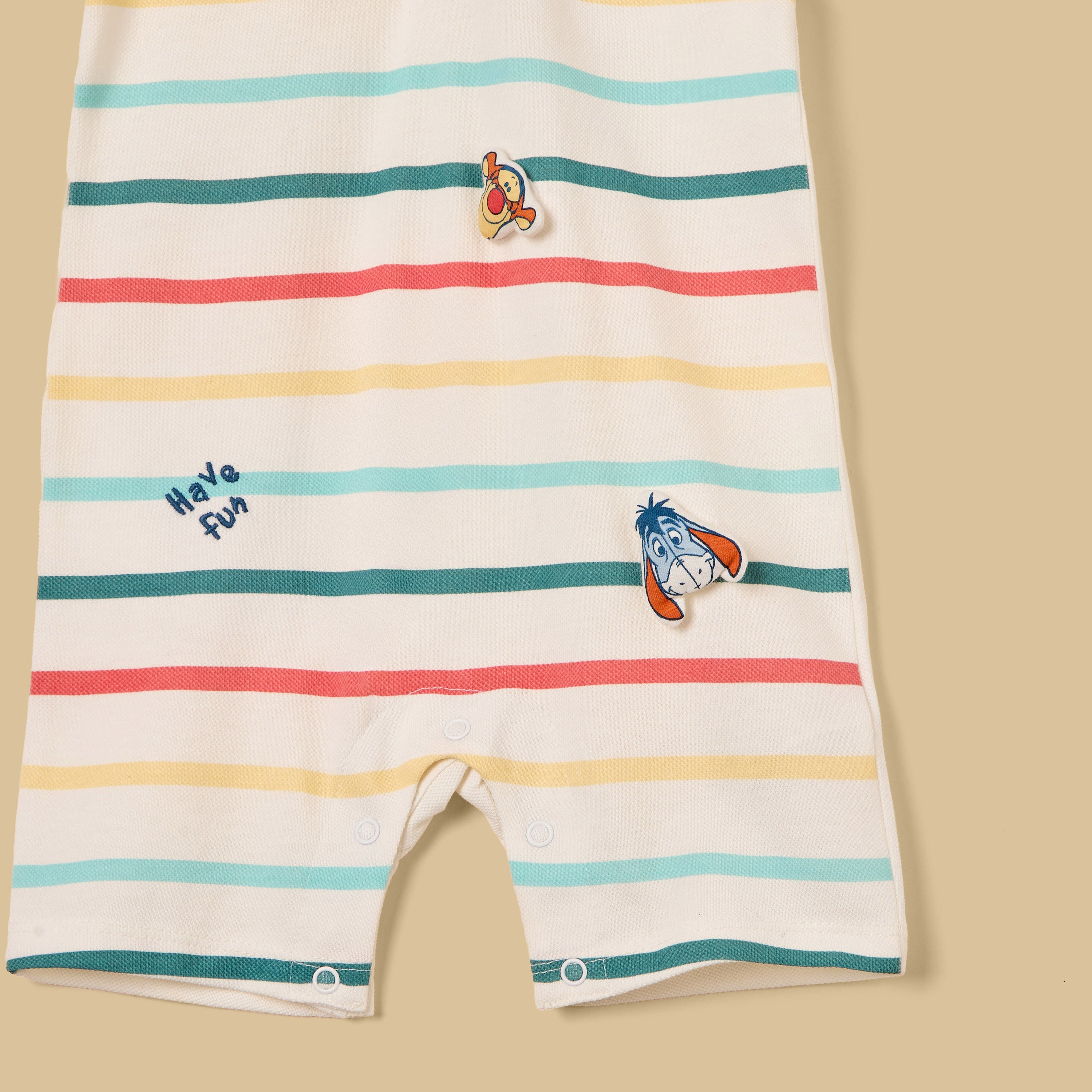Winnie the Pooh Print Striped Cotton Romper with Hat