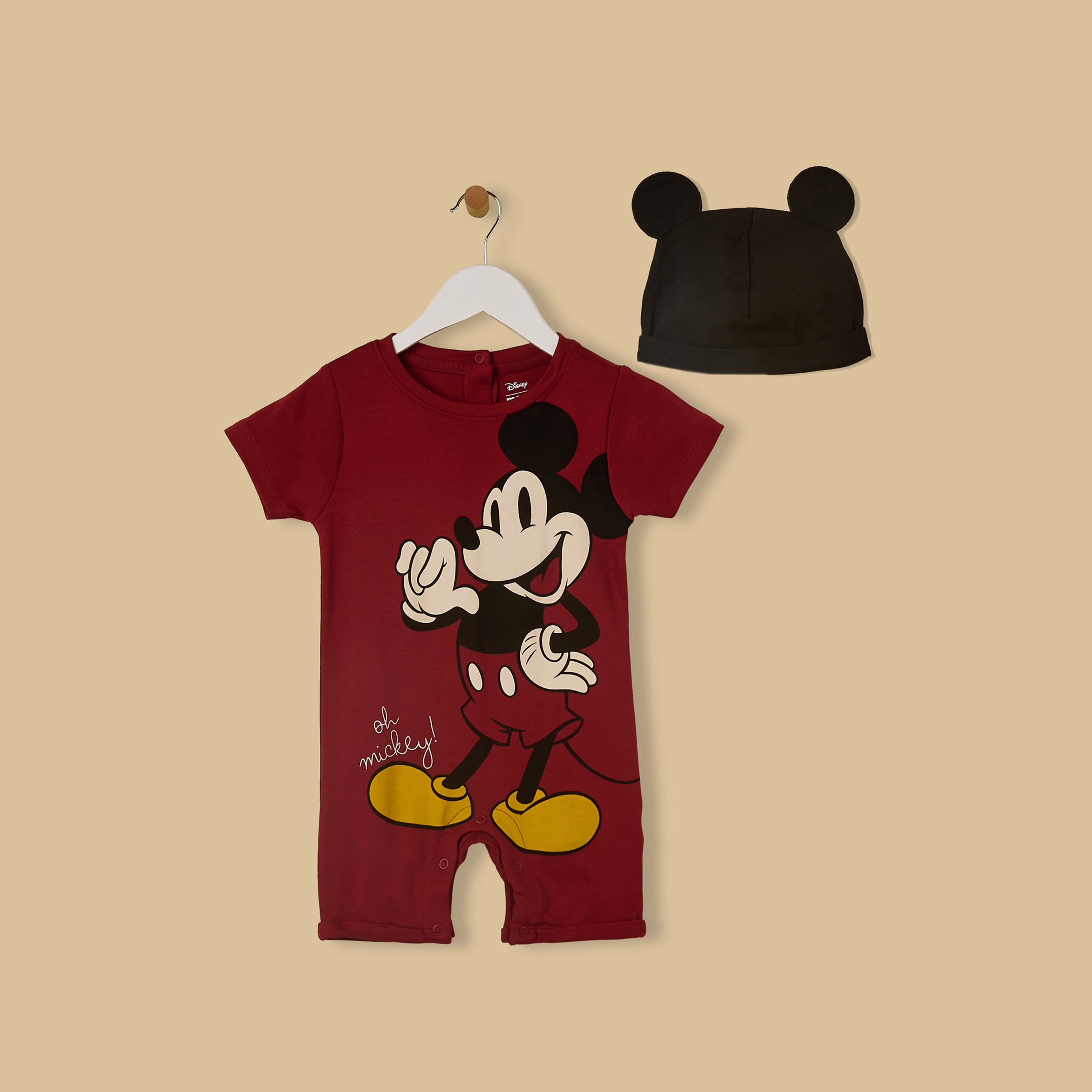 Mickey Mouse Print Cotton Romper with Cap - Red / 12-18 mths