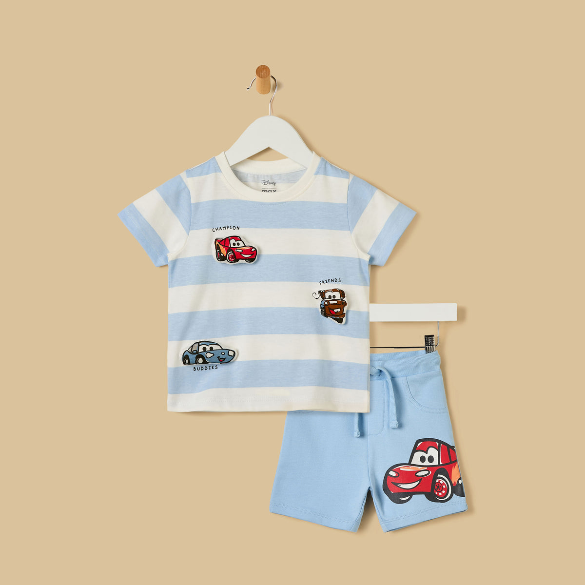 Cars Print Striped Cotton T-shirt and Shorts Set