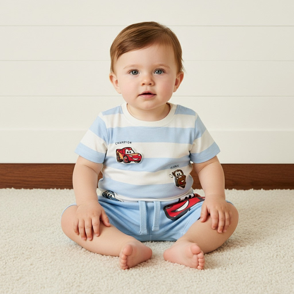 Cars Print Striped Cotton T-shirt and Shorts Set