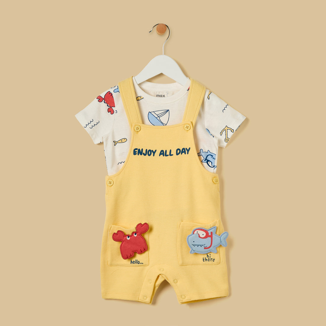 Aquatic 3D Pocket Applique Cotton Ottoman Dungaree and T-shirt Set