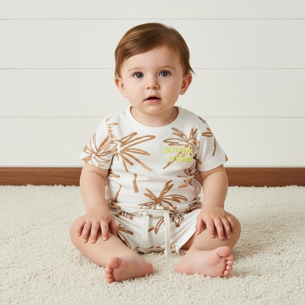 Palm Print Cotton T-shirt and Shorts Set - Cream / 12-18 mths