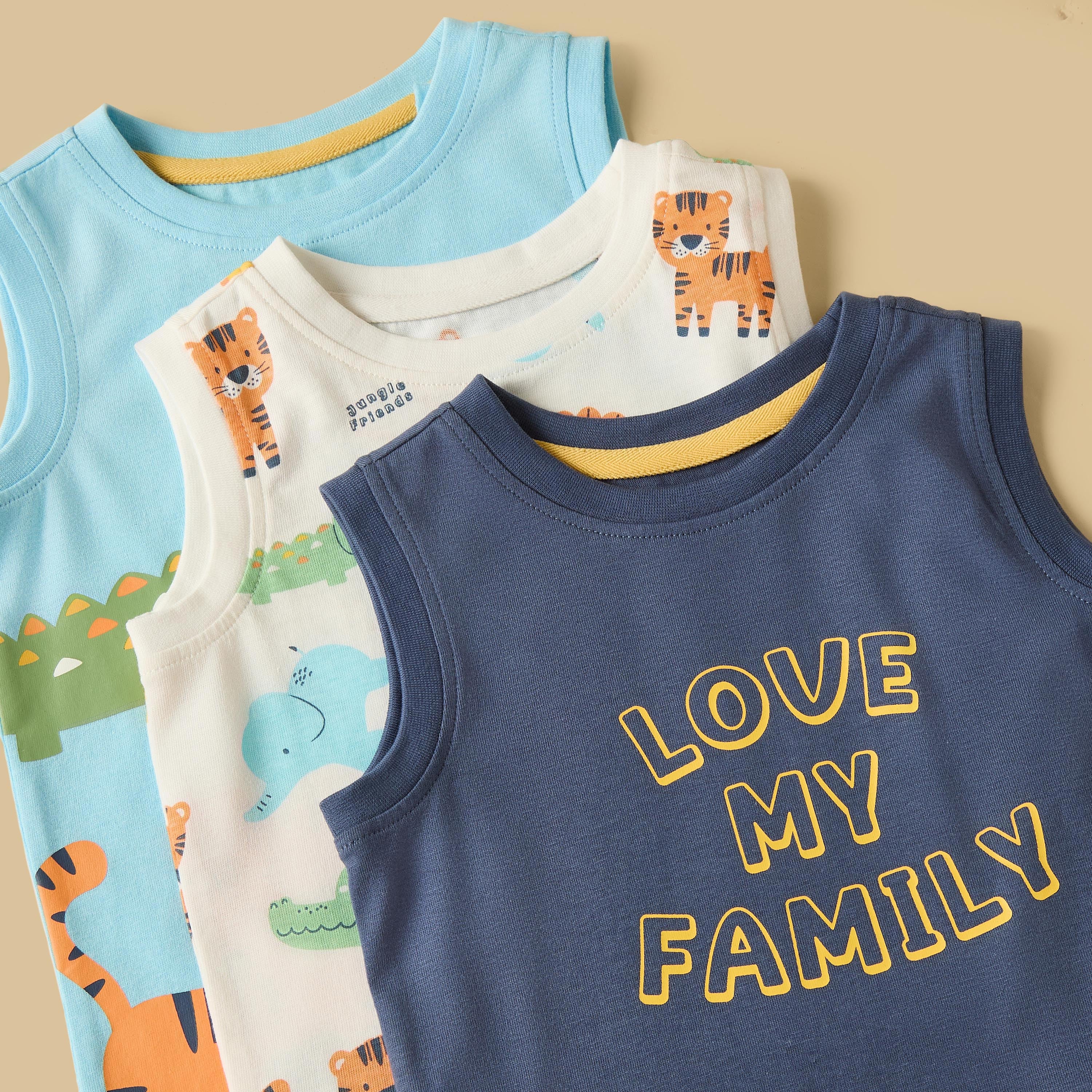 Pack of 3 - Safari Print Sleeveless Cotton T-shirt