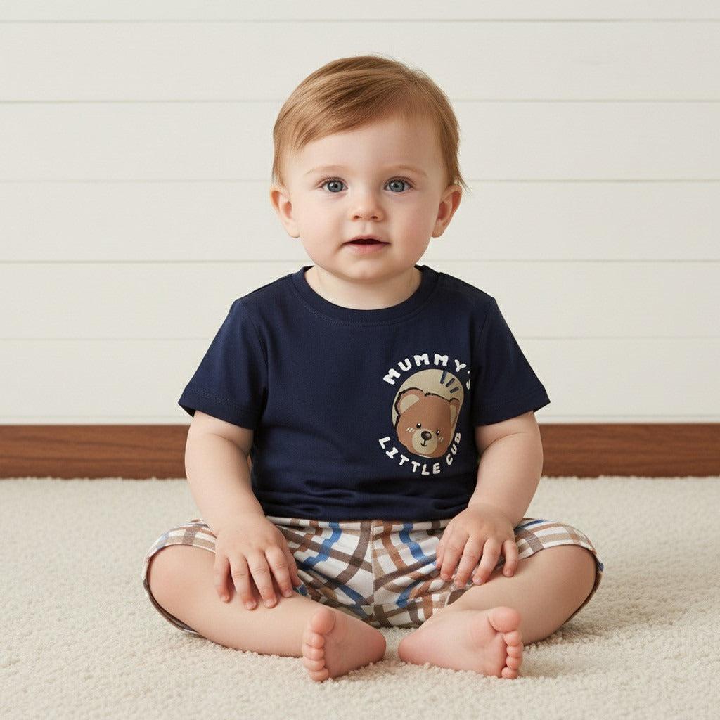 Bear Print Cotton T-shirt and Shorts Set - Blue / 12-18 mths