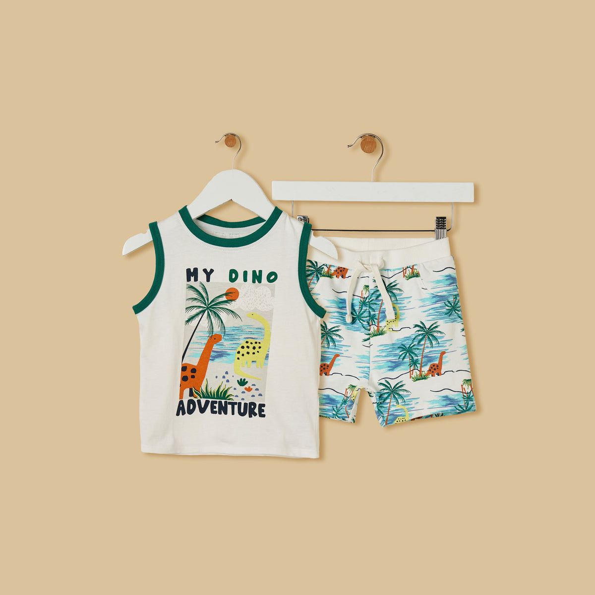 Dinosaur Print Sleeveless Cotton T-shirt and Shorts Set