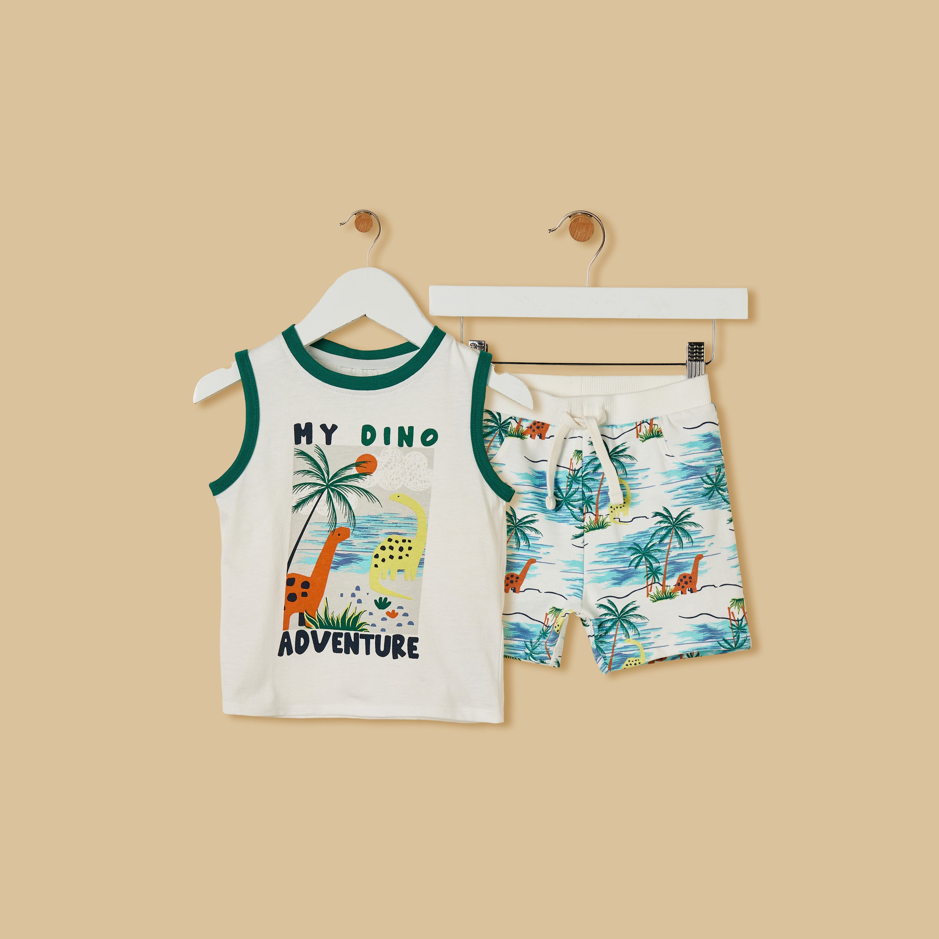Dinosaur Print Sleeveless Cotton T-shirt and Shorts Set