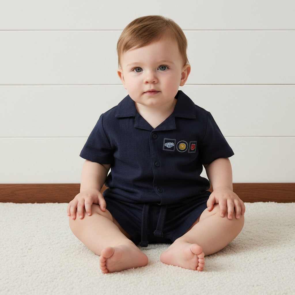 Graphic Print Cotton Shirt with T-shirt and Shorts - Blue / 12-18 mths