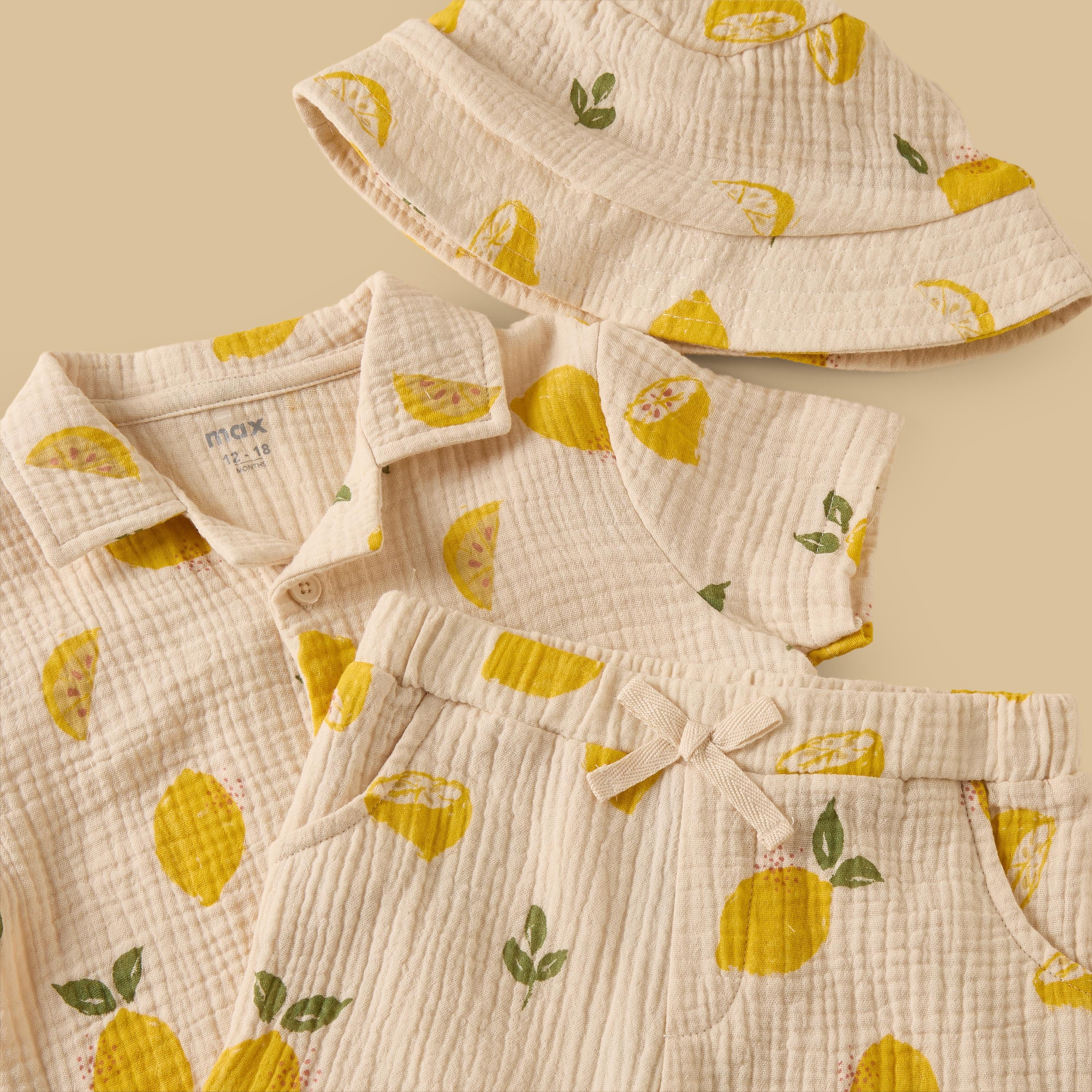 Lemon Print Double Gauze Cotton Shirt with Shorts and Hat