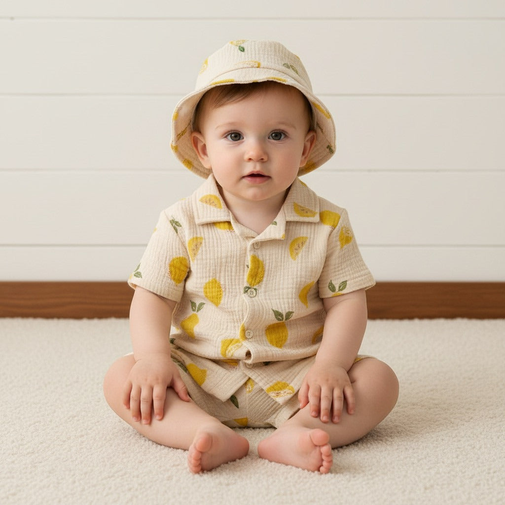 Lemon Print Double Gauze Cotton Shirt with Shorts and Hat - Cream / 12-18 mths