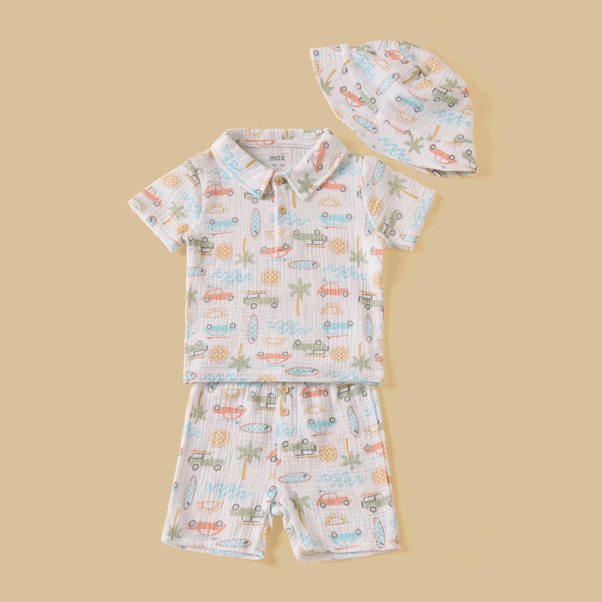 Vehicle Print Double Gauze Cotton Polo T-shirt with Shorts and Hat