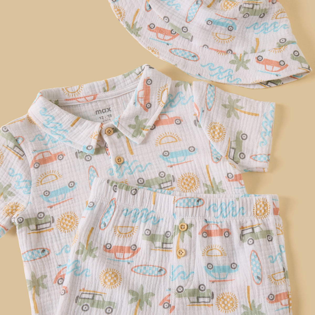 Vehicle Print Double Gauze Cotton Polo T-shirt with Shorts and Hat
