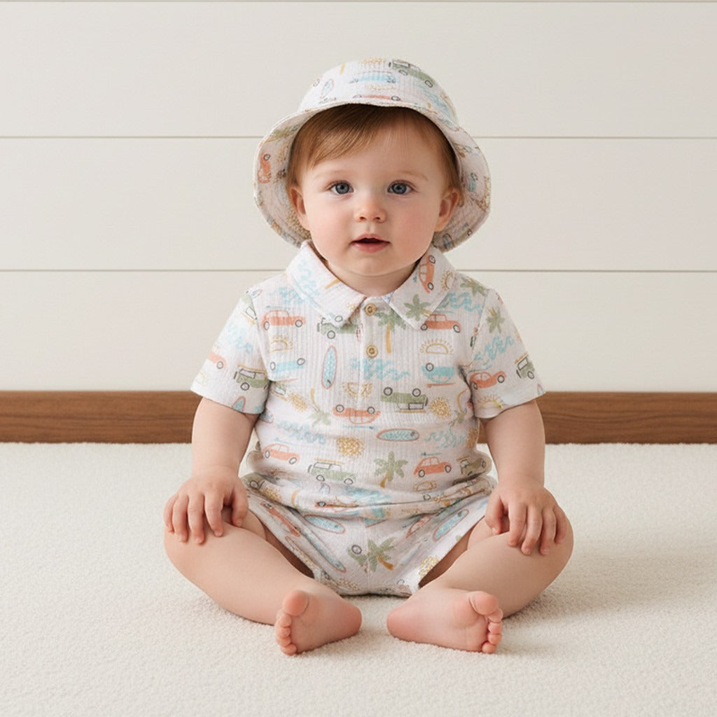 Vehicle Print Double Gauze Cotton Polo T-shirt with Shorts and Hat