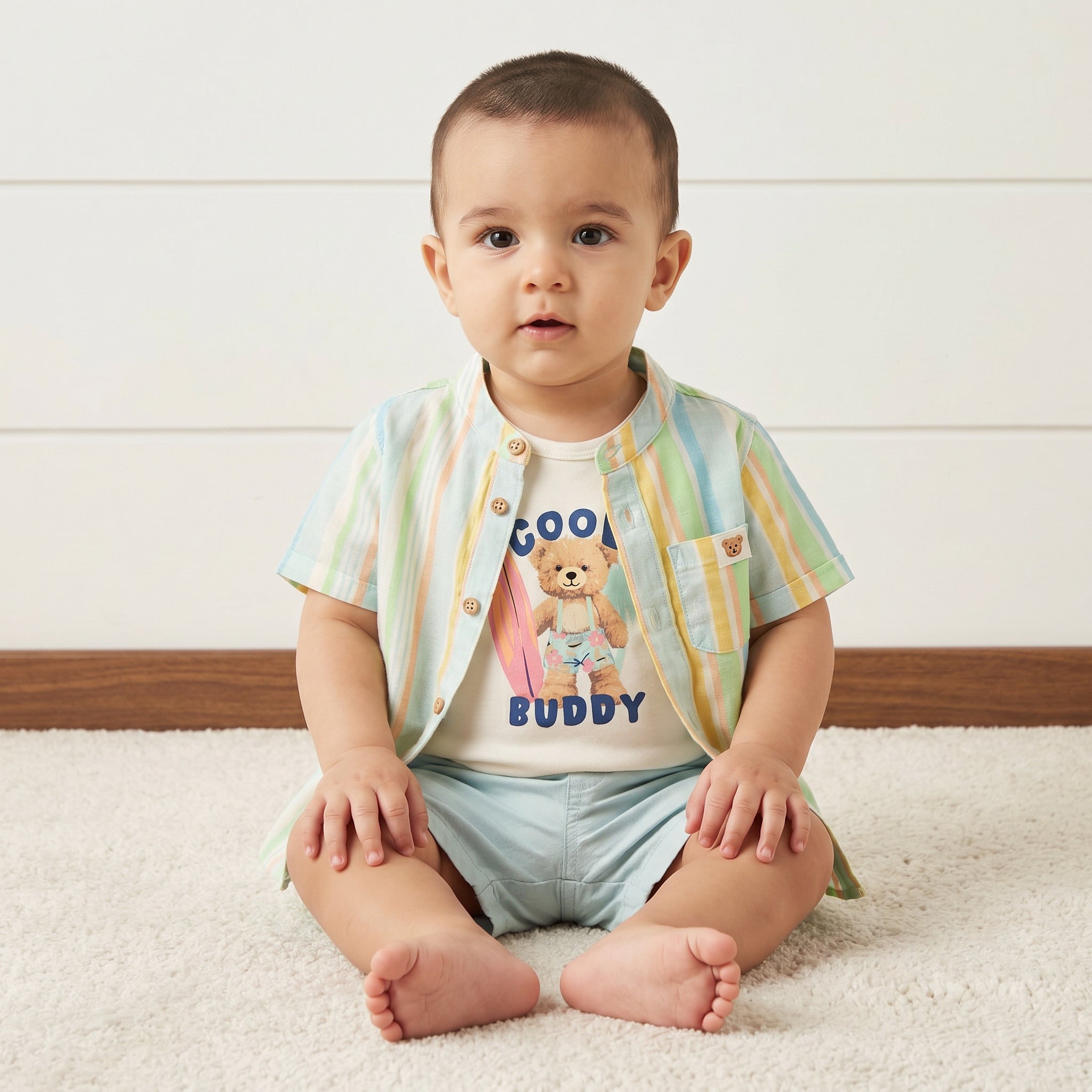Striped Shirt with Bodysuit and Shorts - Multicolour / 12-18 mths