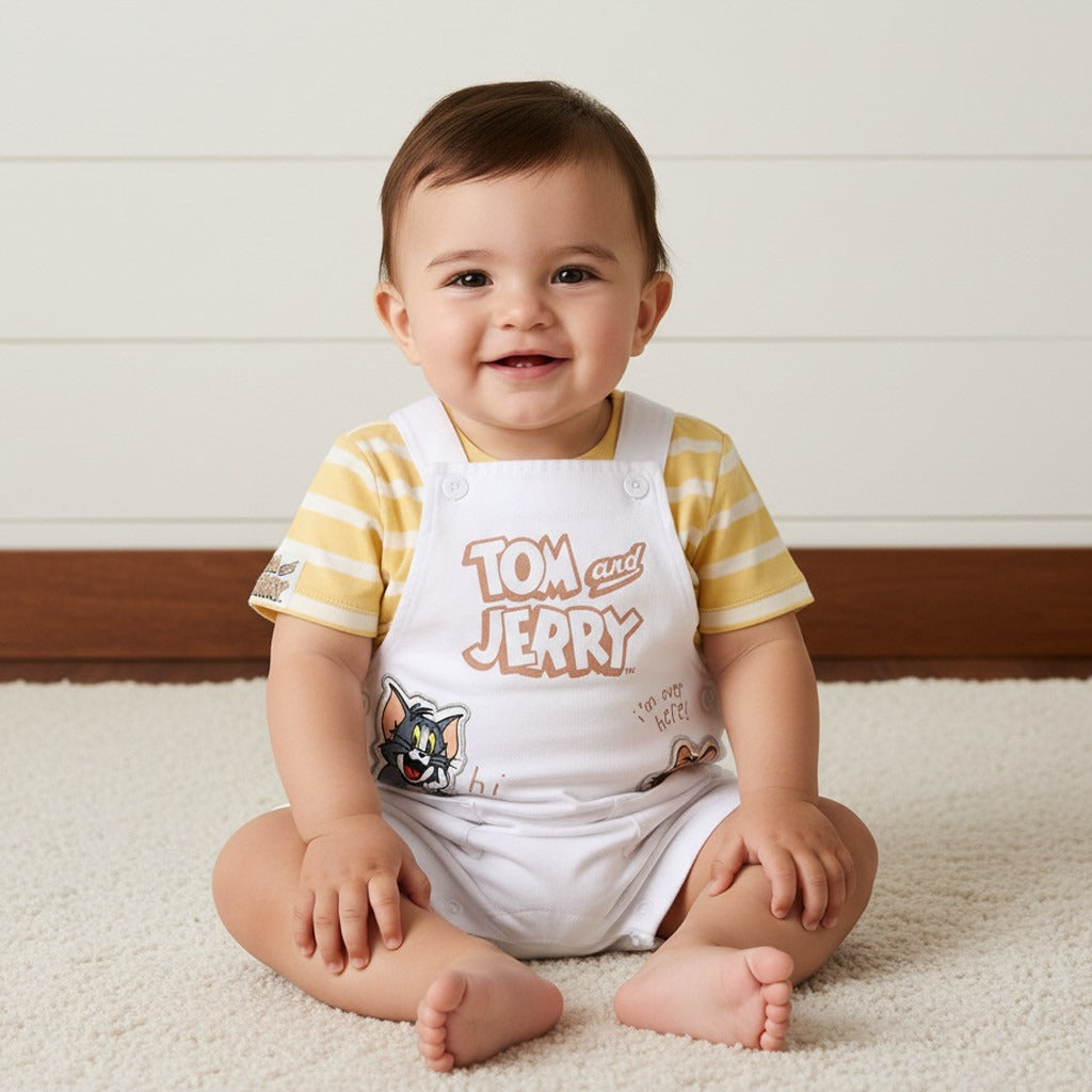 Tom and Jerry Print Cotton Dungaree and T-shirt Set
