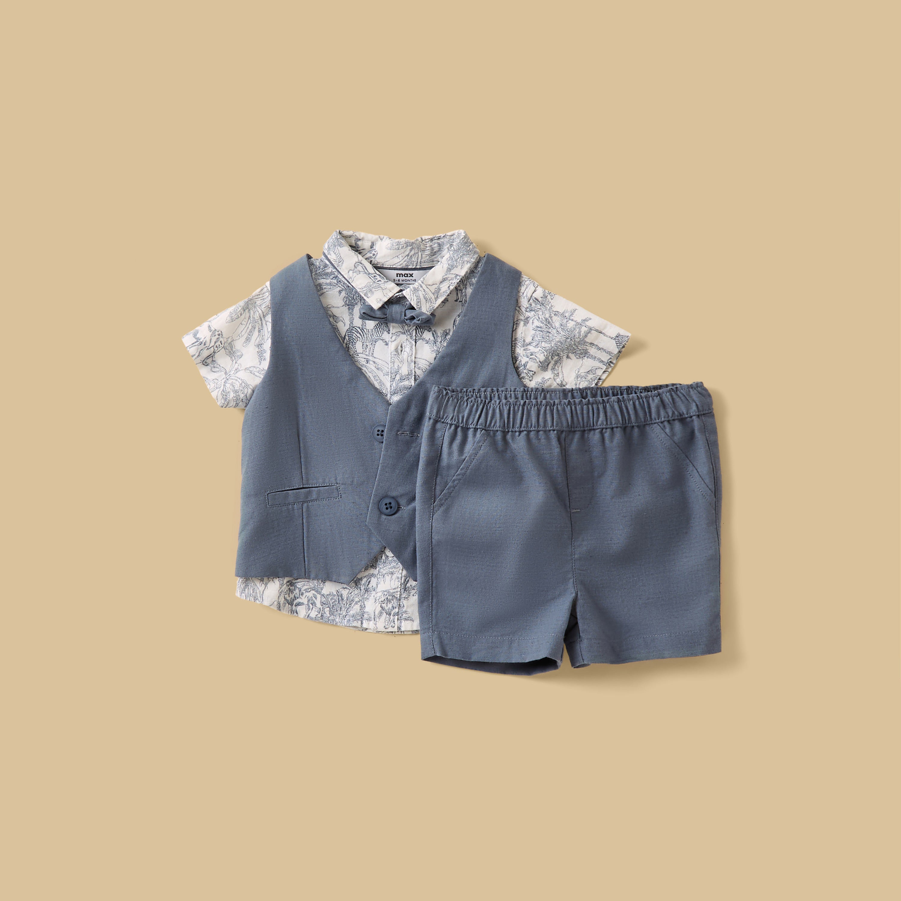 Safari Print Cotton Waistcoat with Shirt and Shorts Set