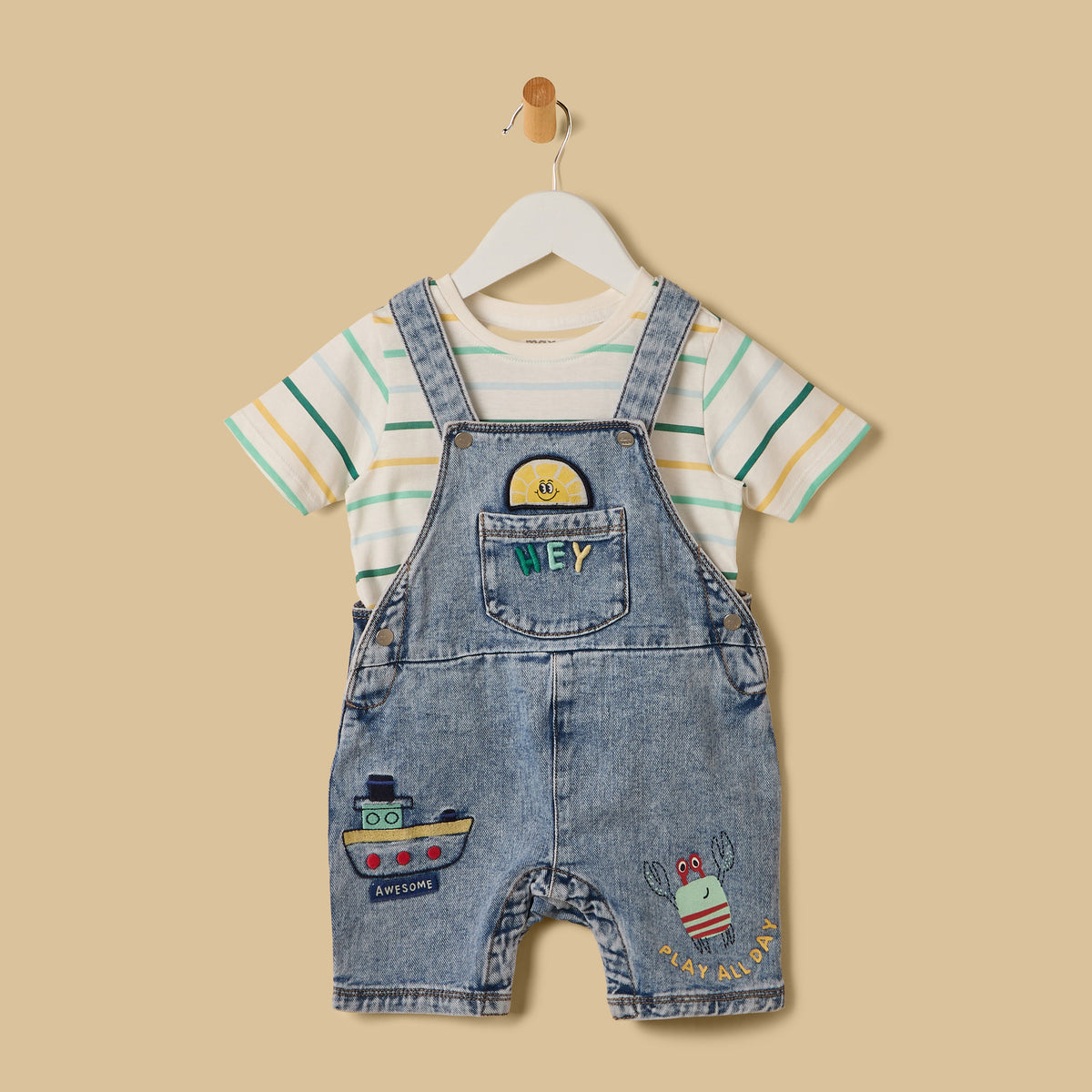 Embroidered Denim Dungaree with Striped T-shirt