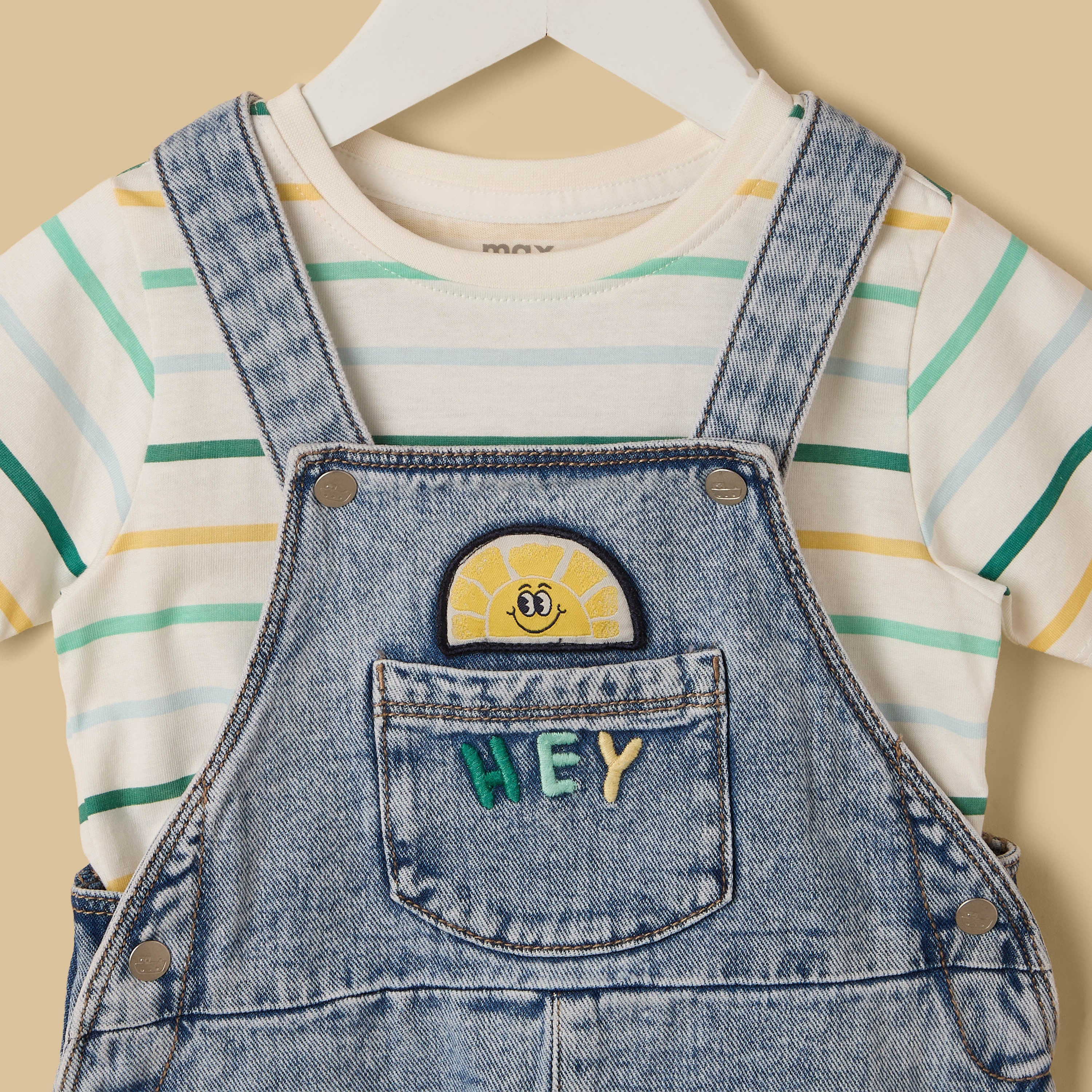 Embroidered Denim Dungaree with Striped T-shirt