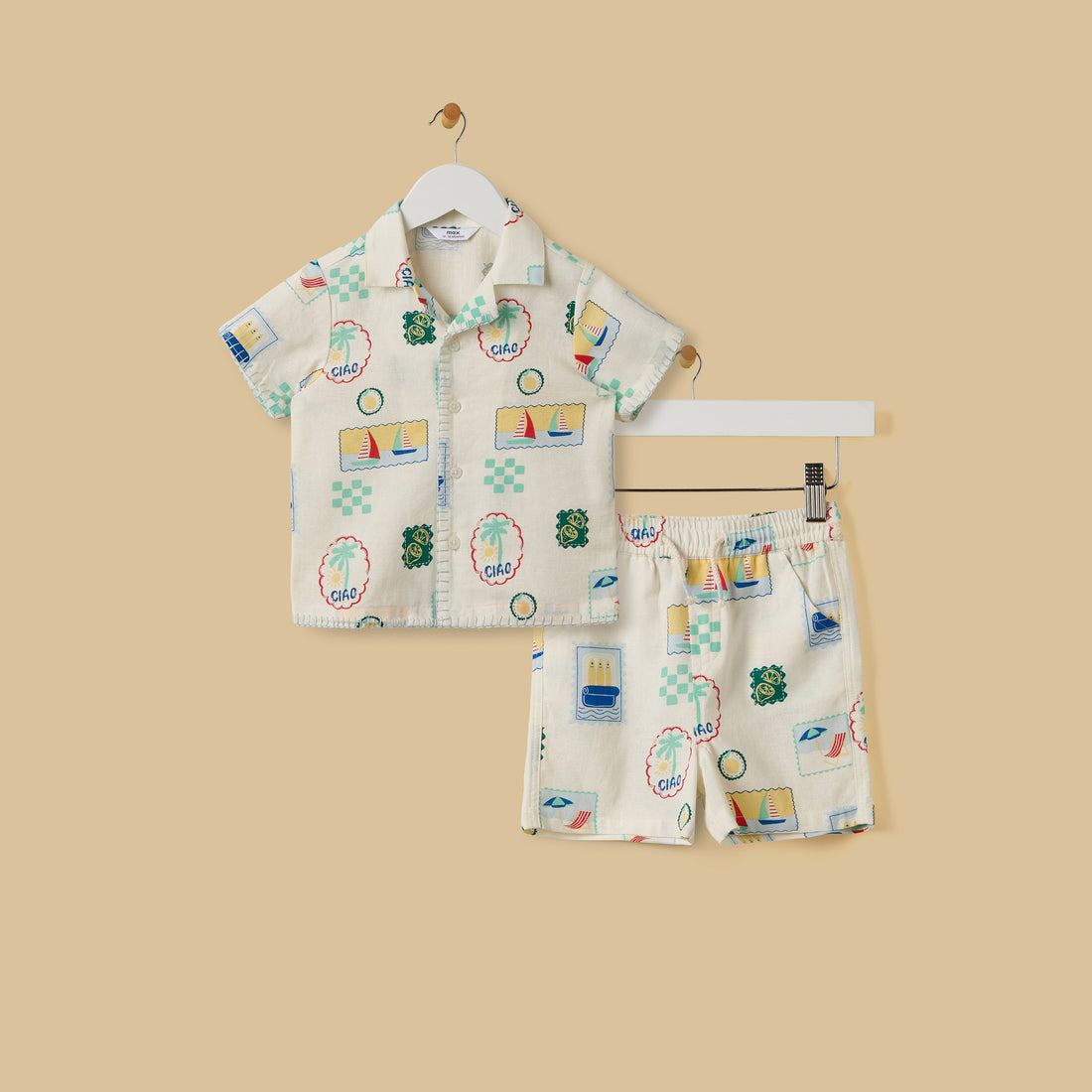 Stamp Print Linen Blend Shirt and Shorts Set