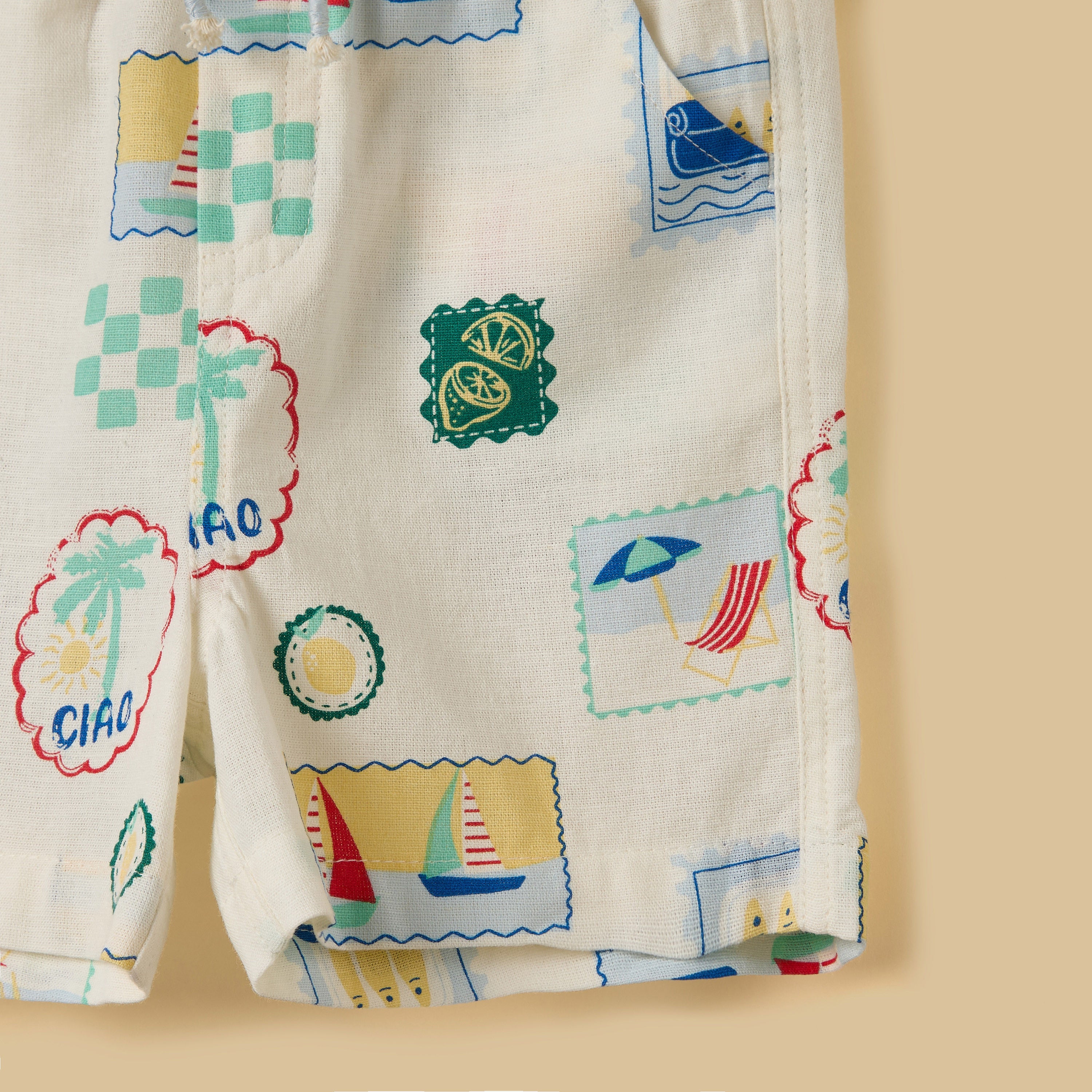 Stamp Print Linen Blend Shirt and Shorts Set