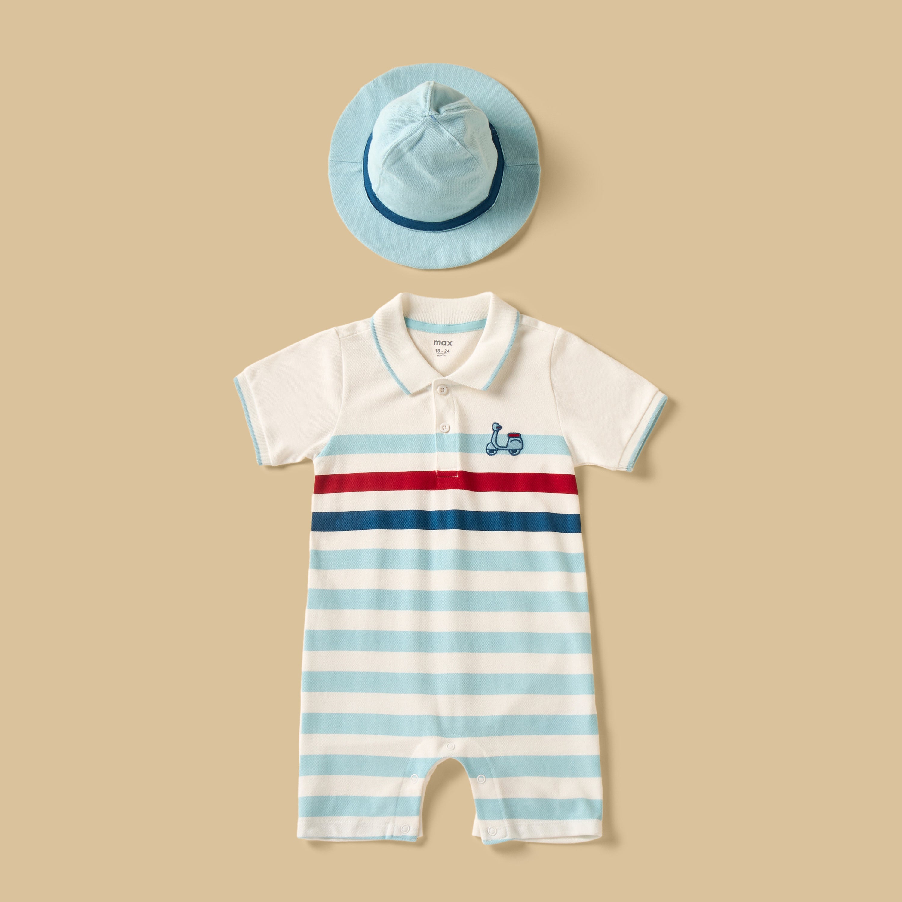Striped Pique Cotton Polo Romper with Hat - White / 12-18 mths