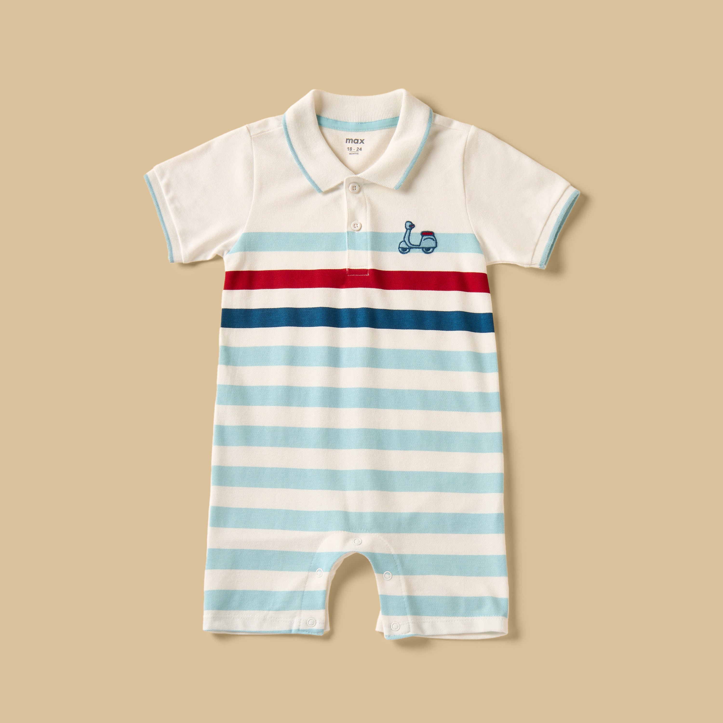 Striped Pique Cotton Polo Romper with Hat