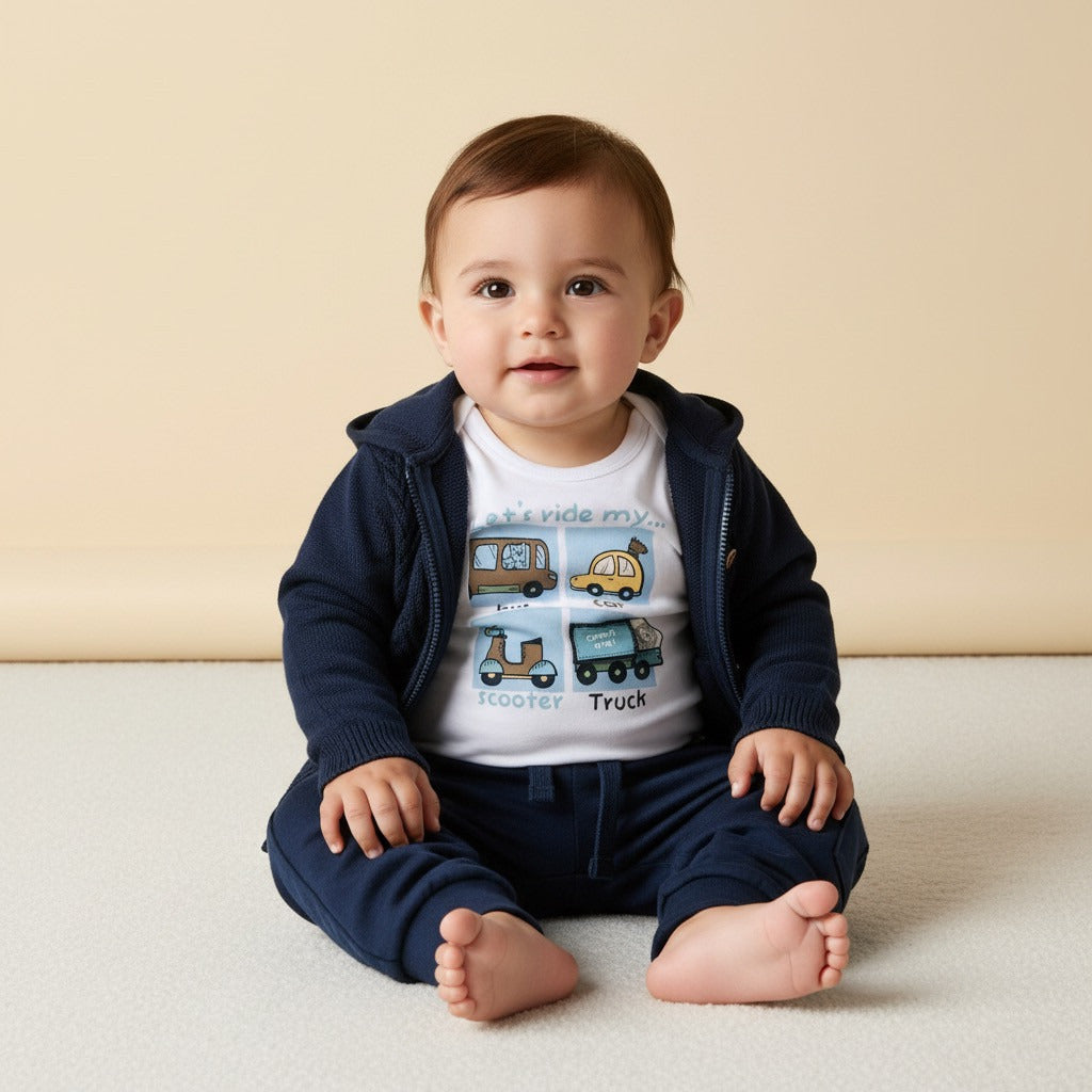 Printed Cotton Bodysuit with Zip Through Hoodie and Joggers - Blue / 12-18 mths