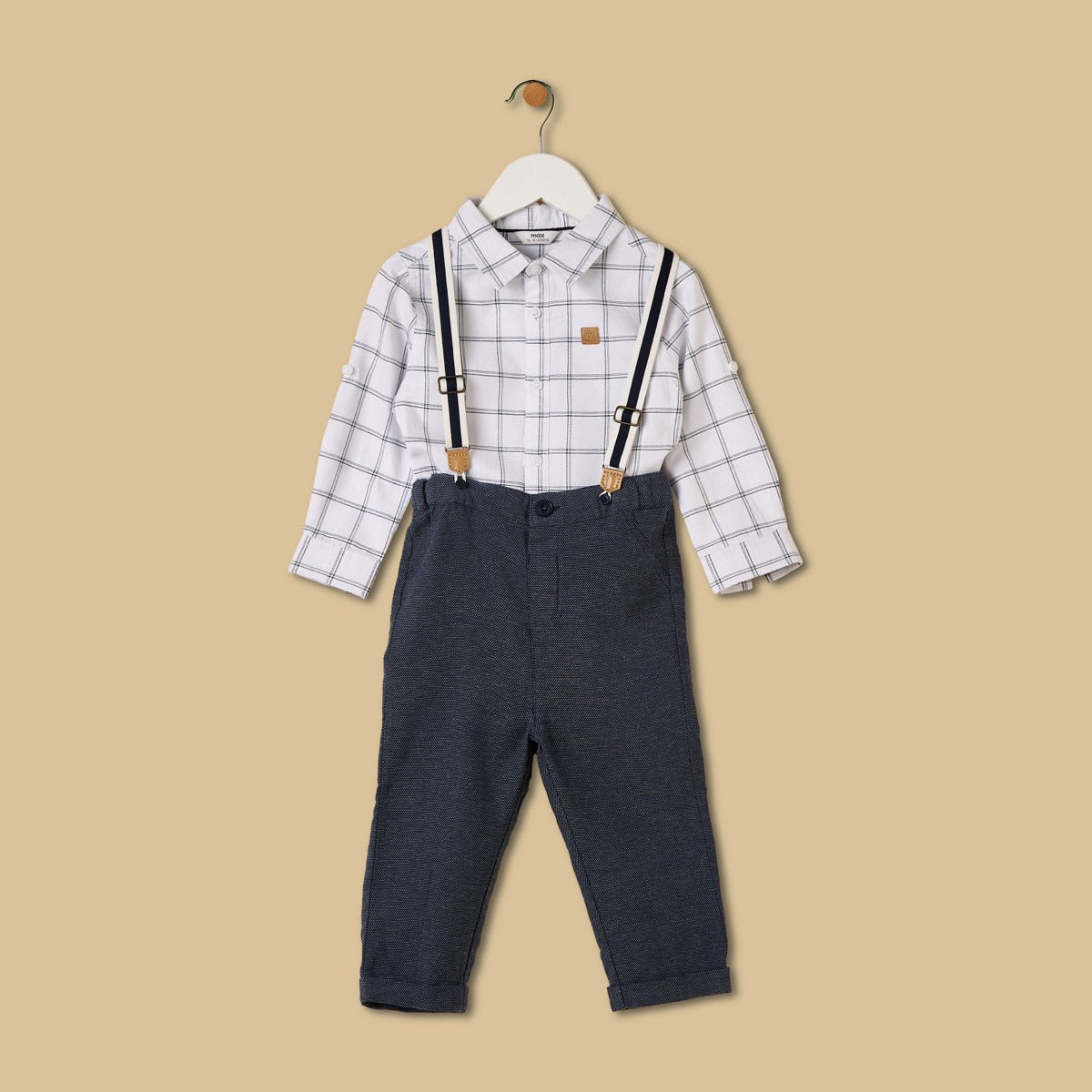 Checked Cotton Shirt and Trousers Set with Suspender