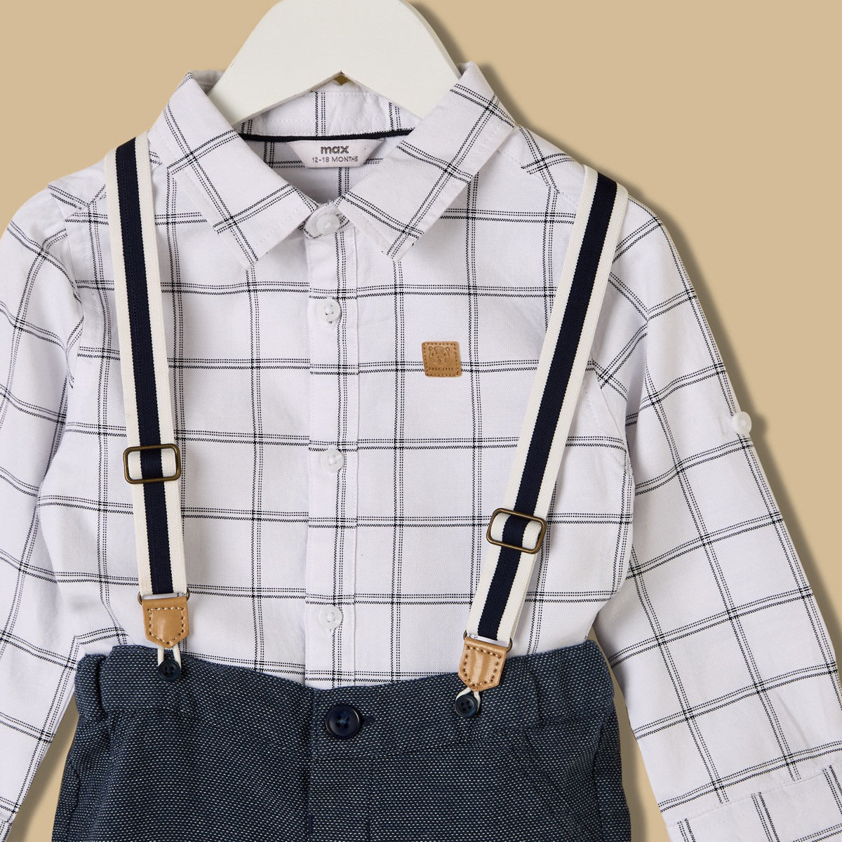 Checked Cotton Shirt and Trousers Set with Suspender