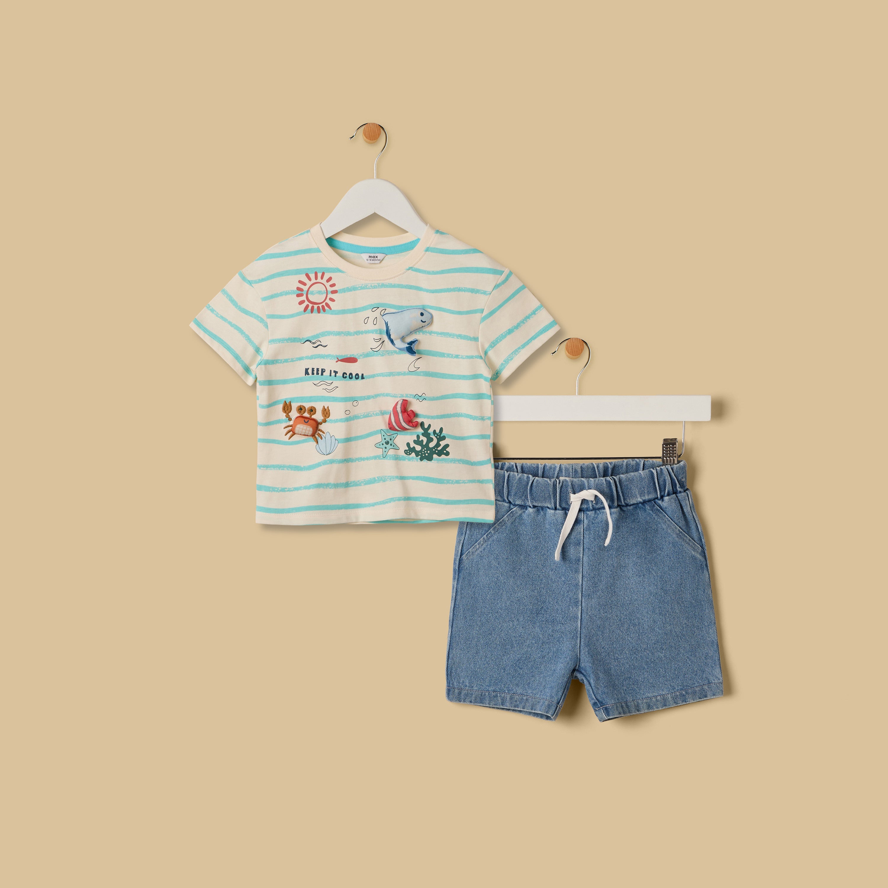 Aquatic 3D Applique Cotton T-shirt and Shorts Set