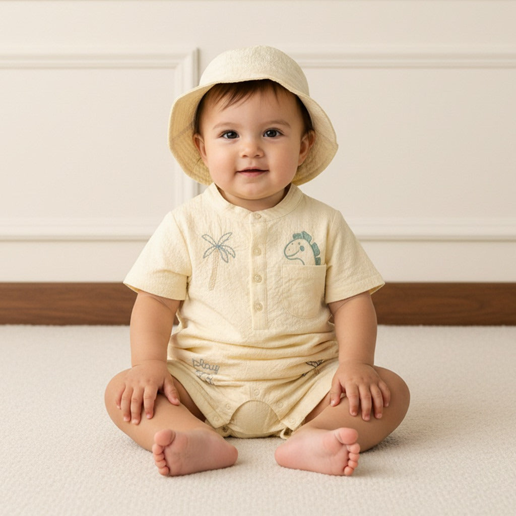 Embroidered Cotton Romper with Cap