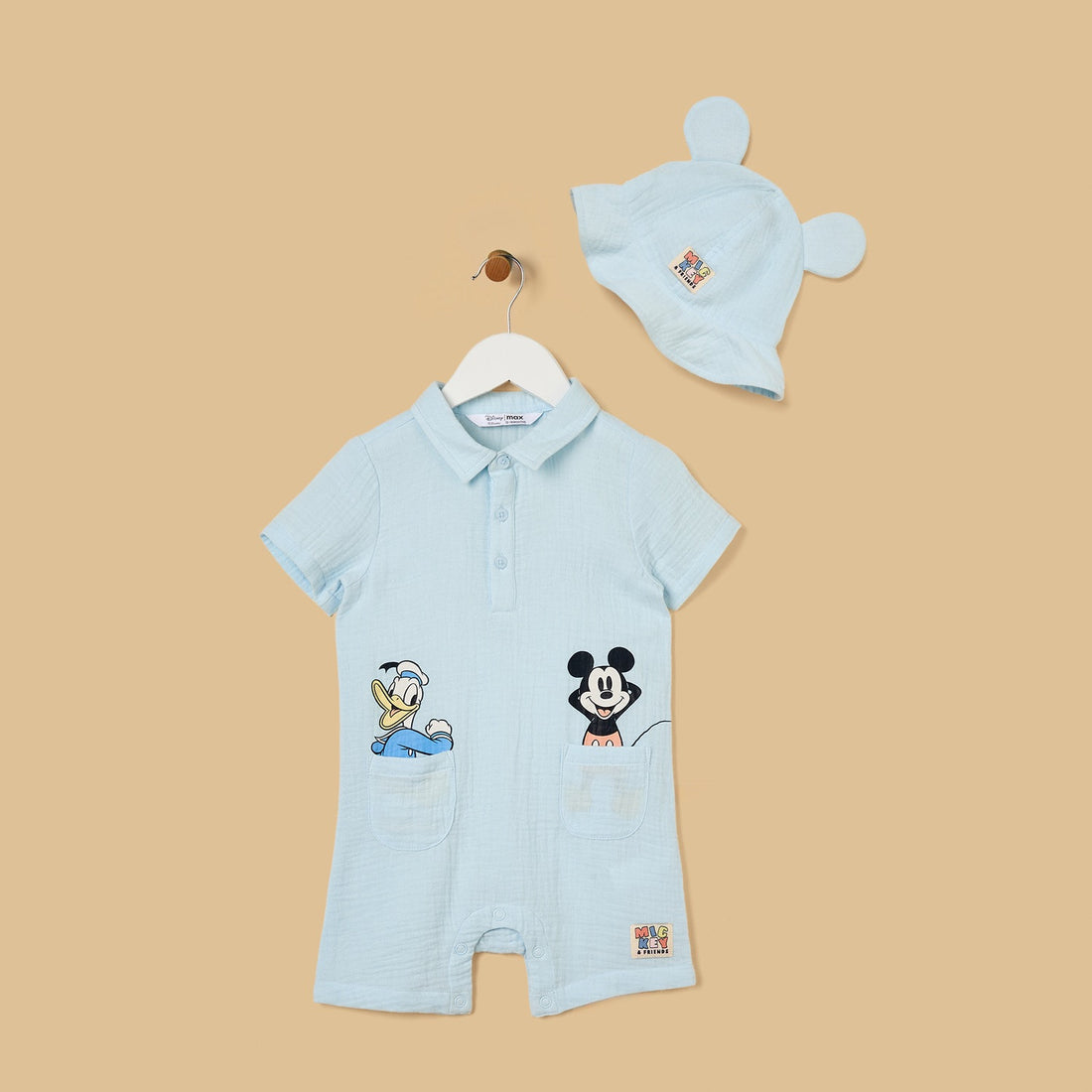 Mickey Mouse and Donald Duck Print Cotton Romper with Hat