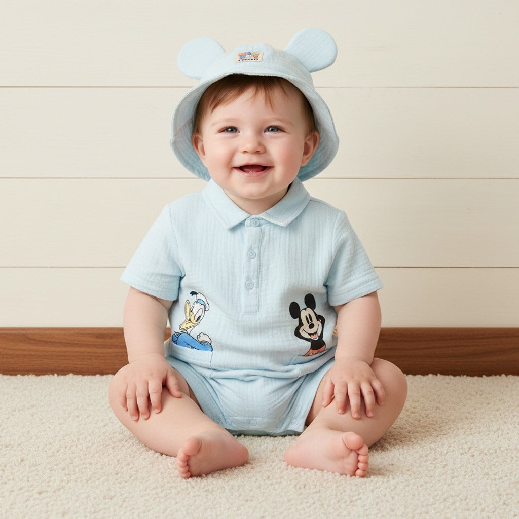 Mickey Mouse and Donald Duck Print Cotton Romper with Hat