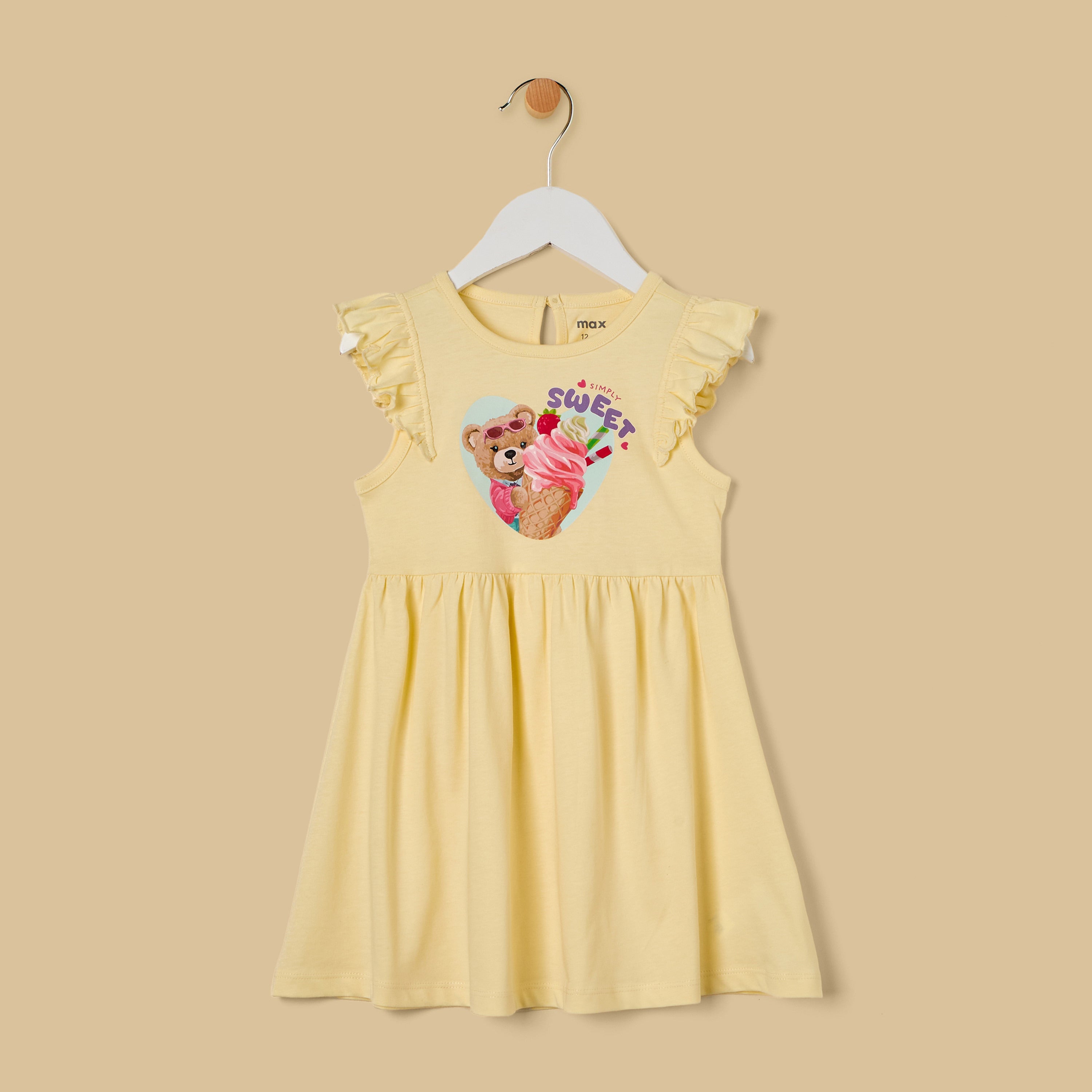 Bear Print Cotton Sleeveless Dress - Yellow / 12-18 mths