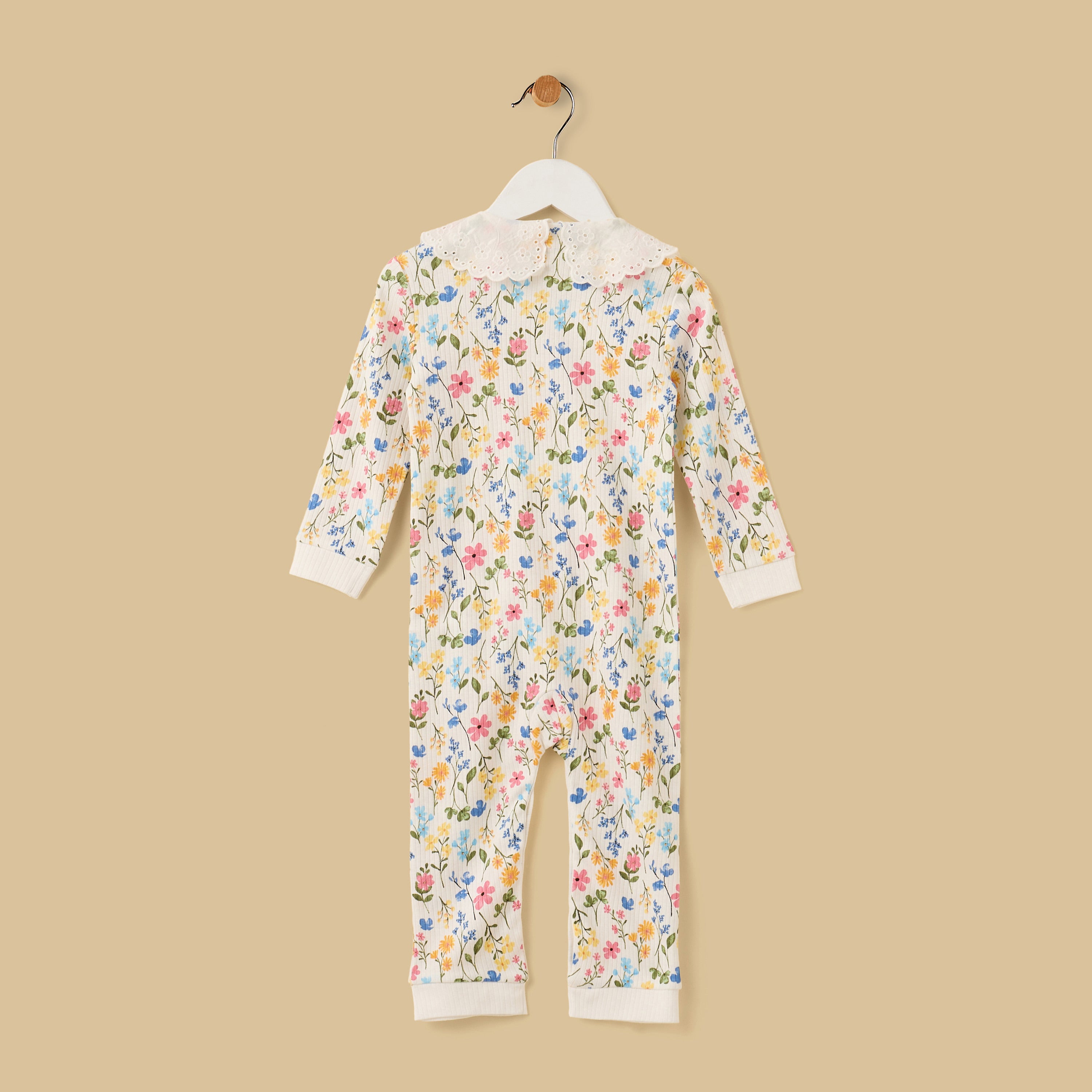 Floral Print Cotton Sleepsuit with Eyelet Collar
