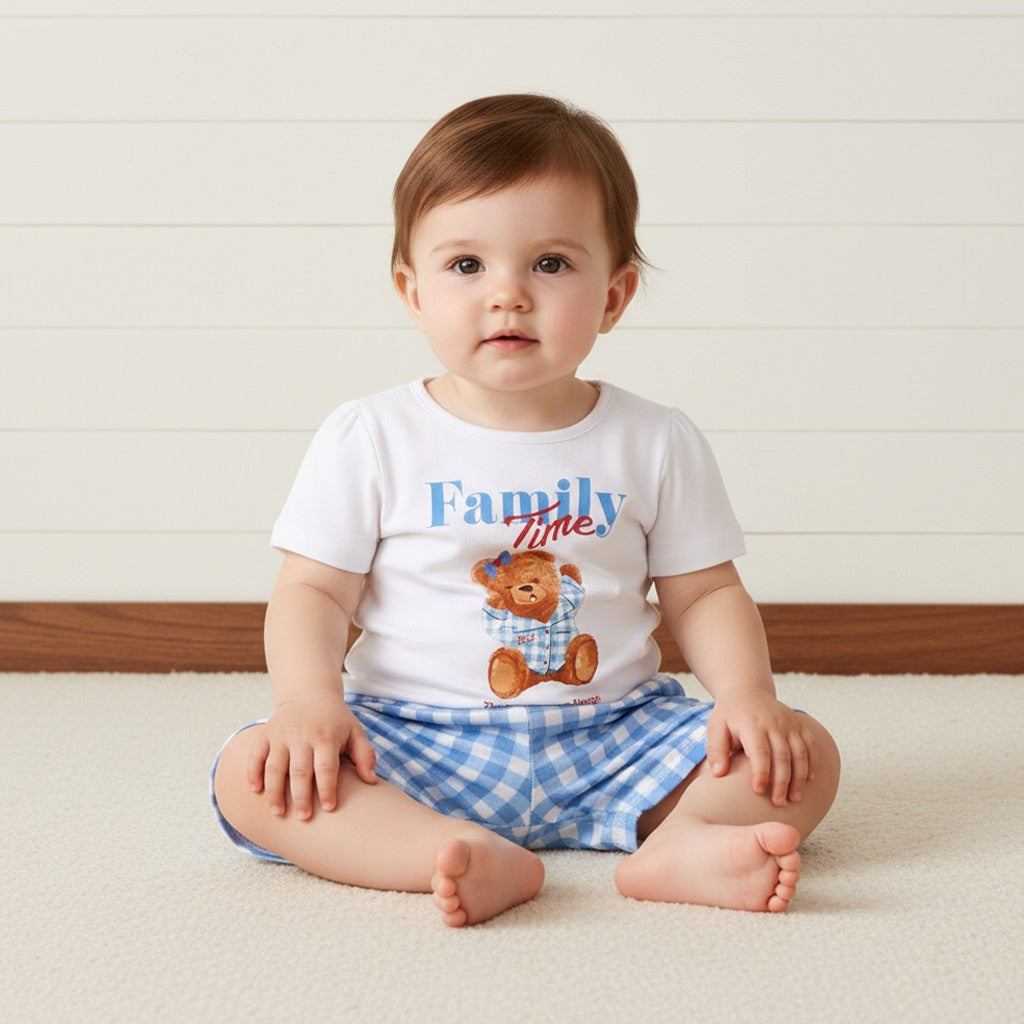 Bear Print Checked Cotton Shorts Set - White / 12-18 mths