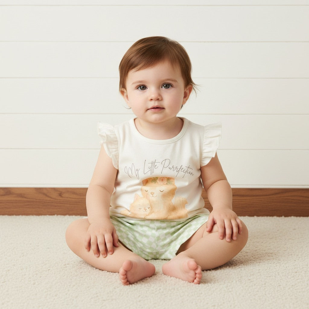 Cat Print Cotton Top and Shorts Set