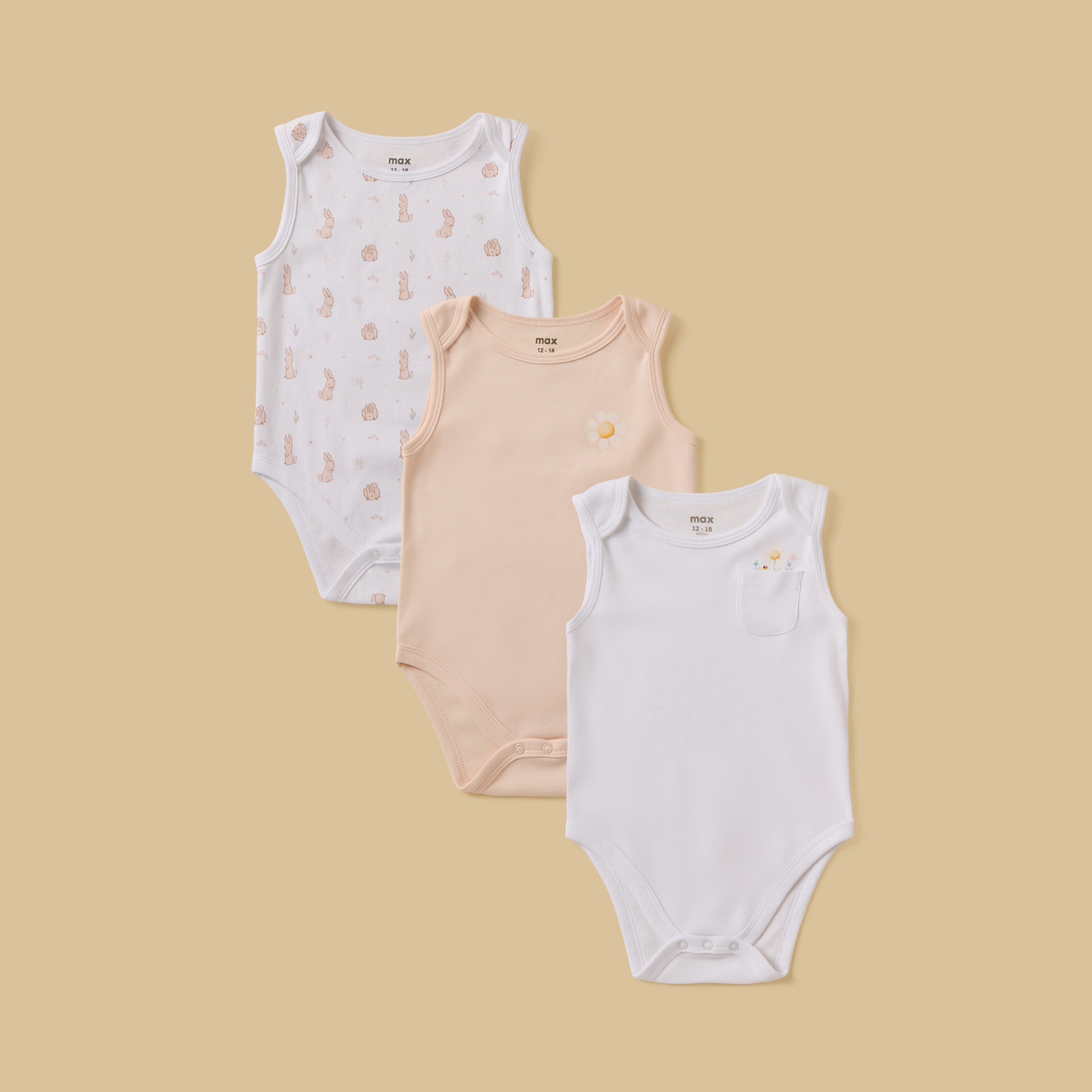 Pack of 3 - Assorted Sleeveless Bodysuit - Multicolour / 12-18 mths