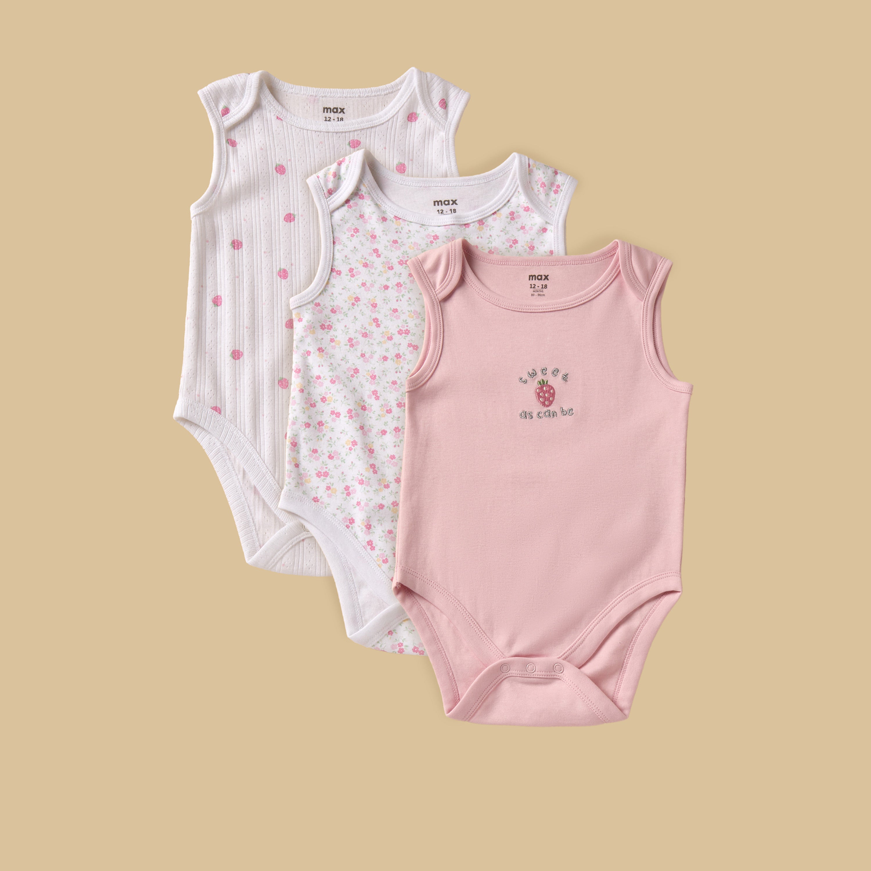 Pack of 3 - Strawberry Print Sleeveless Bodysuit - Pink / 12-18 mths