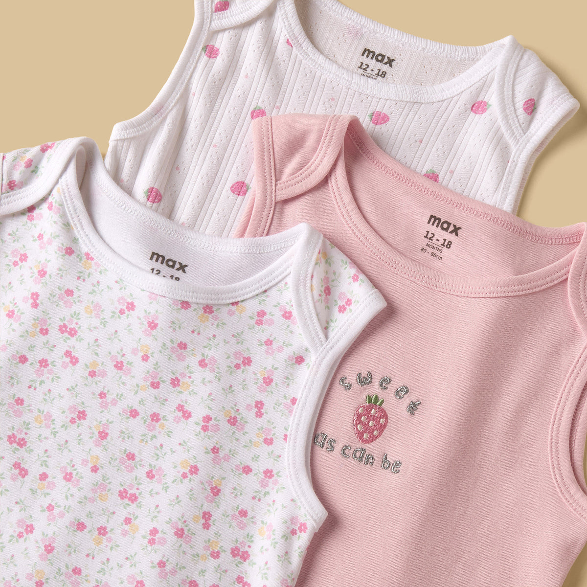 Pack of 3 - Strawberry Print Sleeveless Bodysuit