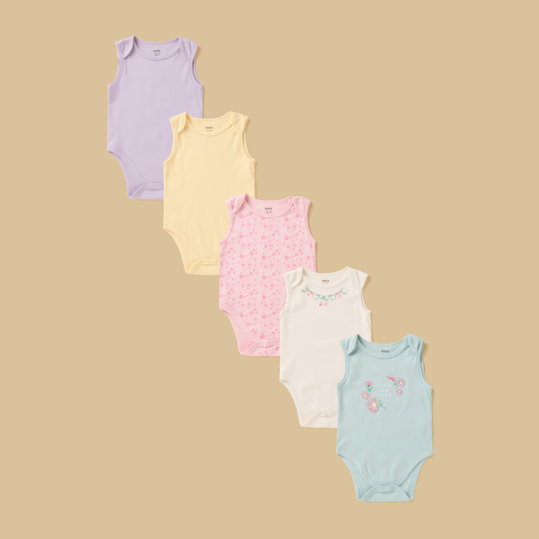 Pack of 5 - Floral Print Sleeveless Cotton Bodysuit