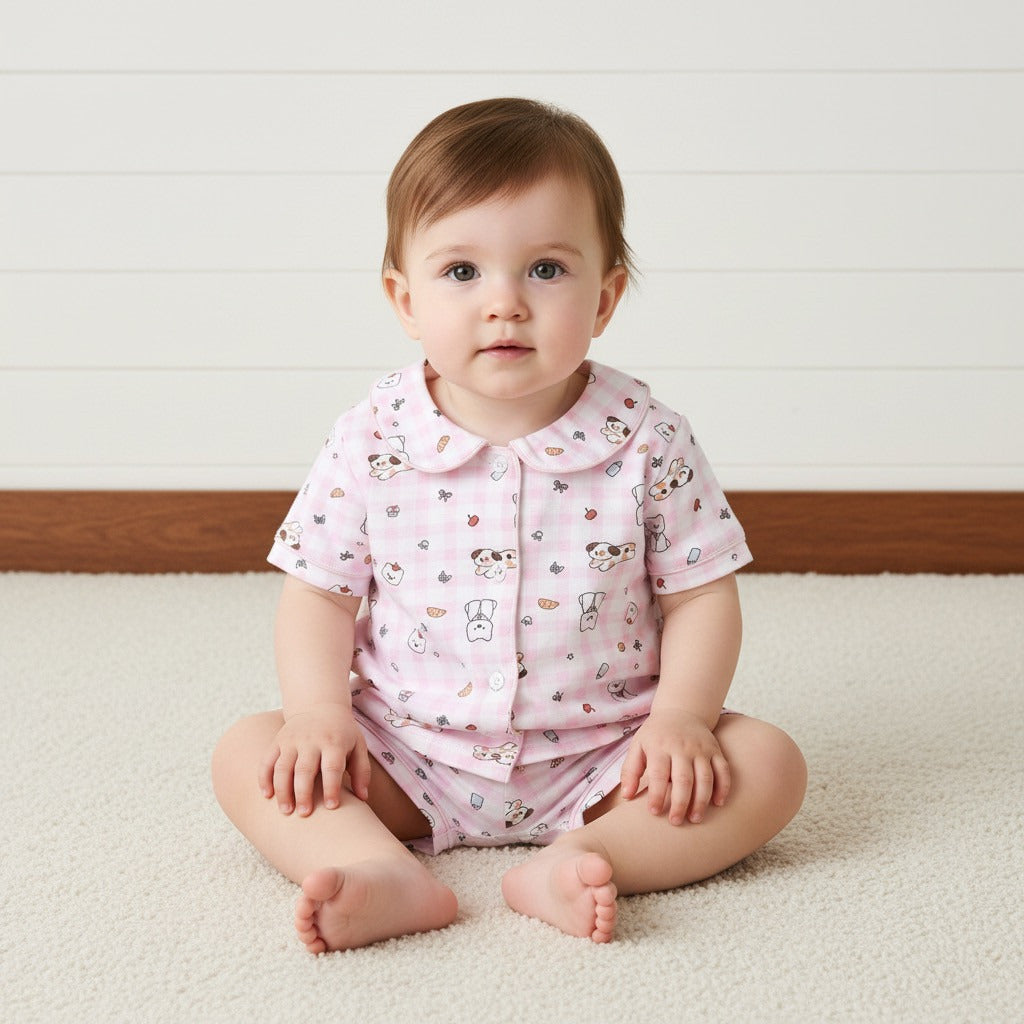 Puppy Print Cotton Shorts Set - Pink / 12-18 mths
